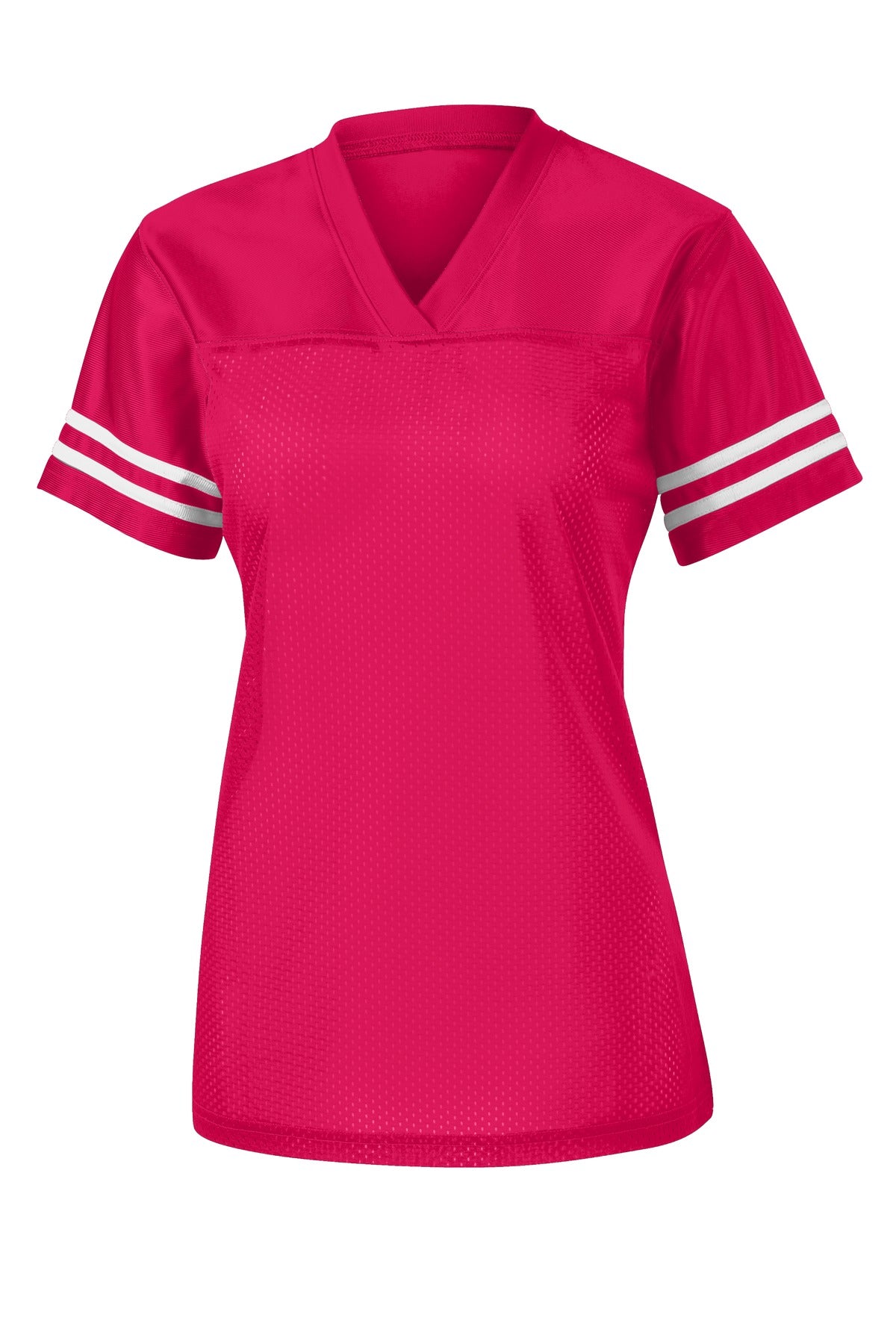 Front View of Pink Rasp/Wht Sport-Tek Women's PosiCharge Replica Jersey. LST307
