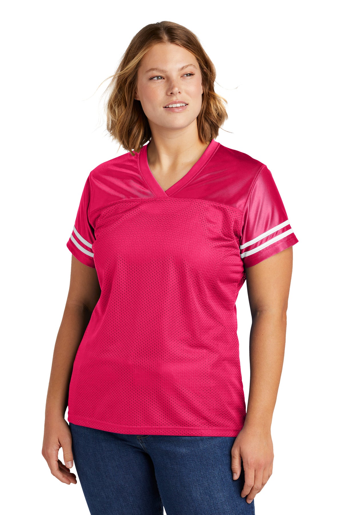 Front View of Pink Rasp/Wht Sport-Tek Women's PosiCharge Replica Jersey. LST307