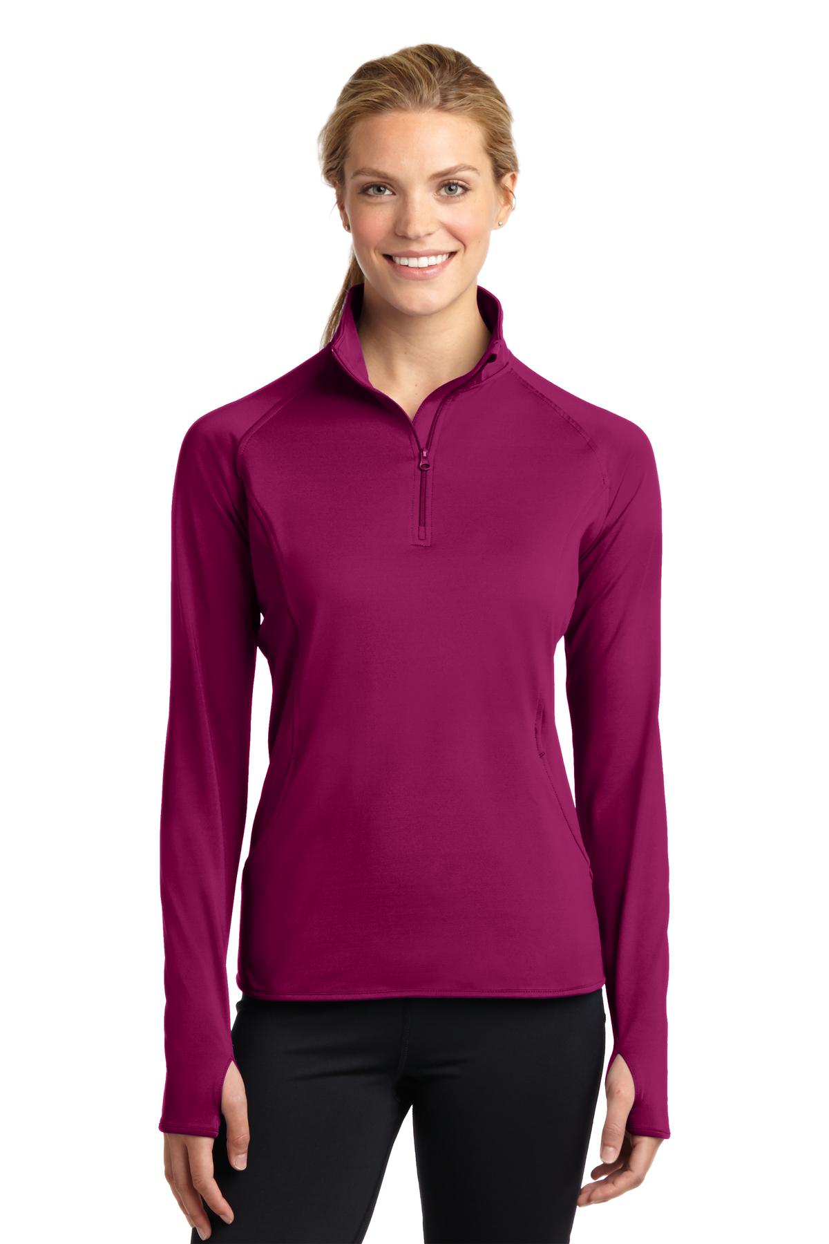Front View of Pink Rush Sport-Tek Women's Sport-Wick Stretch 1/4-Zip Pullover. LST850