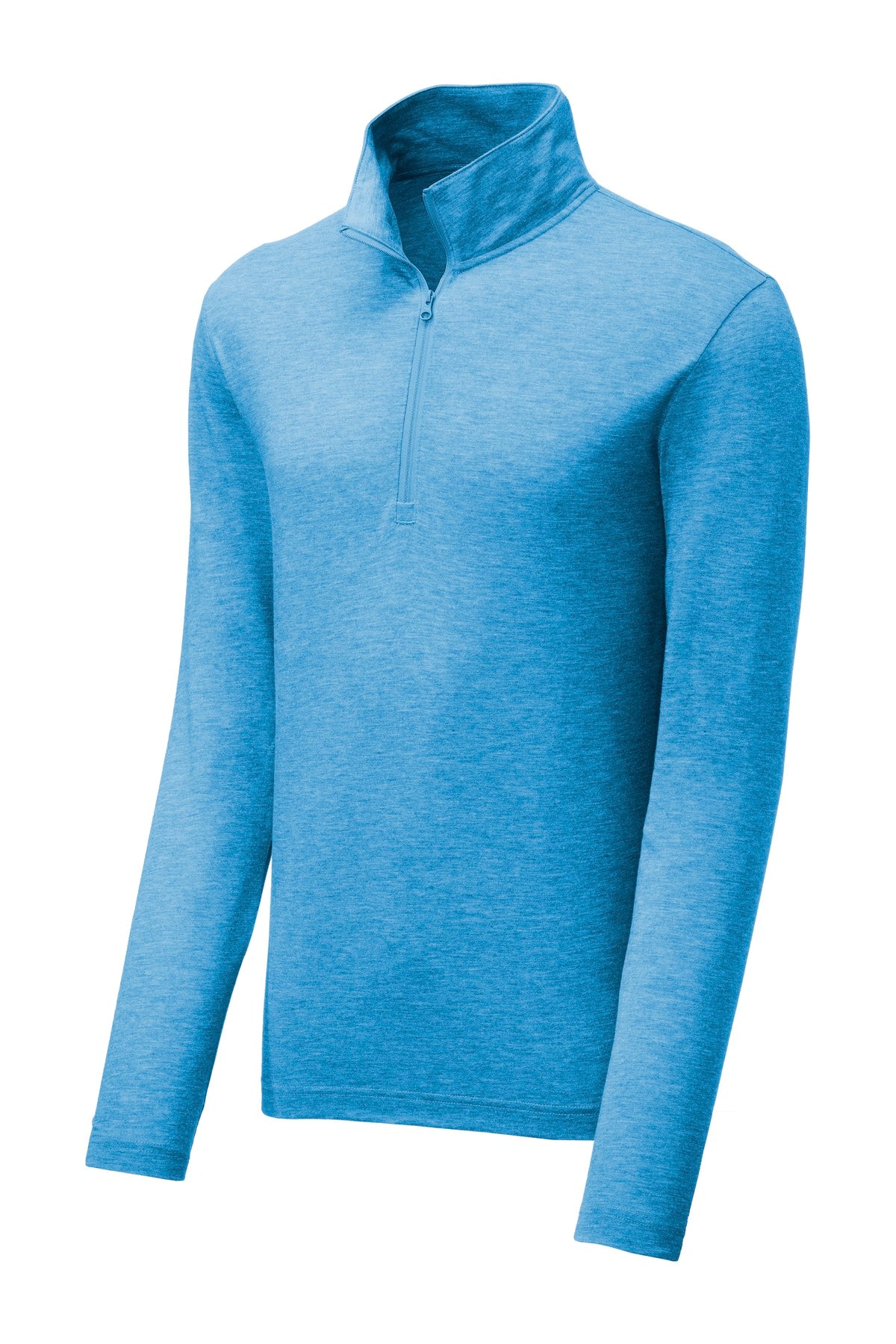 Front View of Pond Blue Hthr Sport-Tek PosiCharge Tri-Blend Wicking 1/4-Zip Pullover. ST407