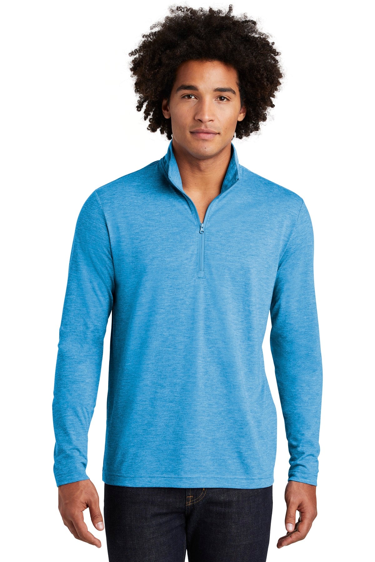 Front View of Pond Blue Hthr Sport-Tek PosiCharge Tri-Blend Wicking 1/4-Zip Pullover. ST407
