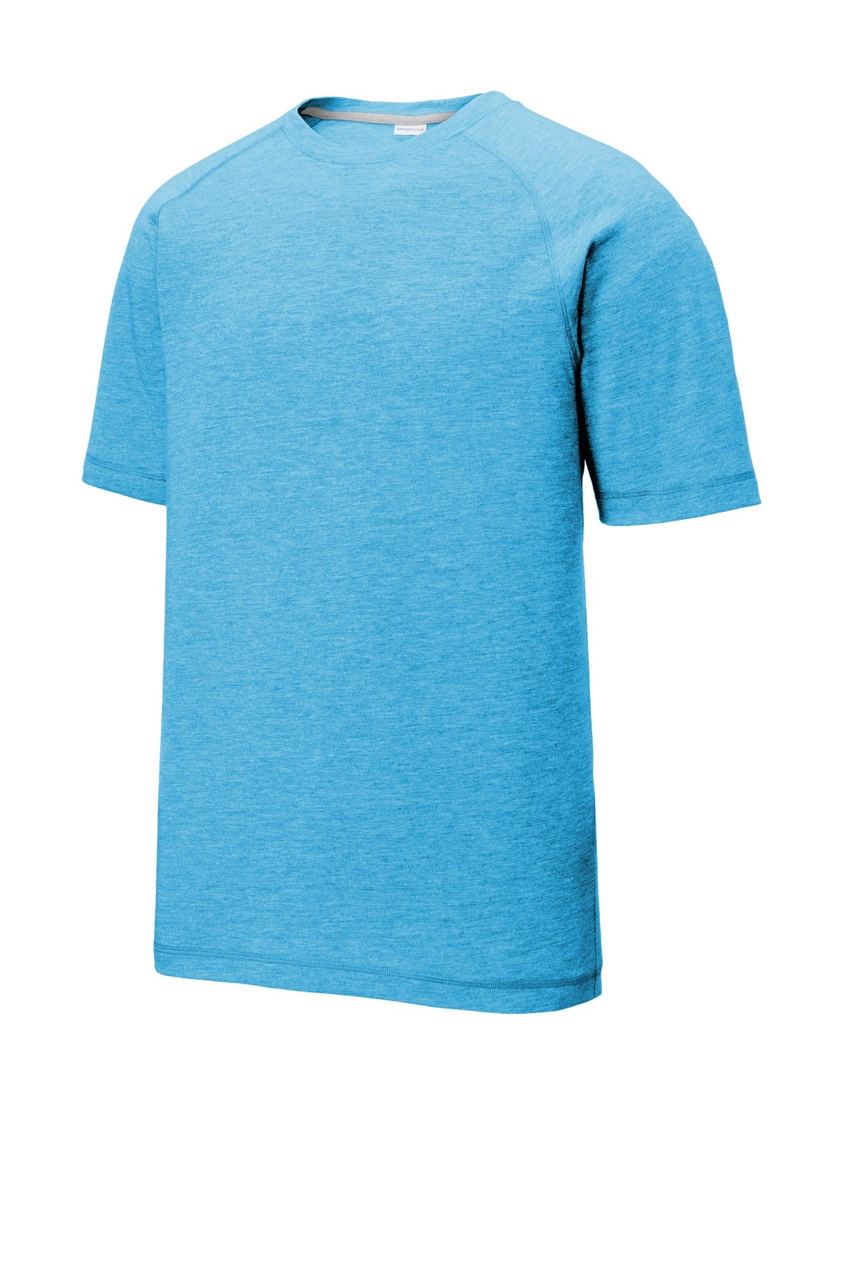 Front View of Pond Blue Hthr Sport-Tek PosiCharge Tri-Blend Wicking Raglan Tee. ST400