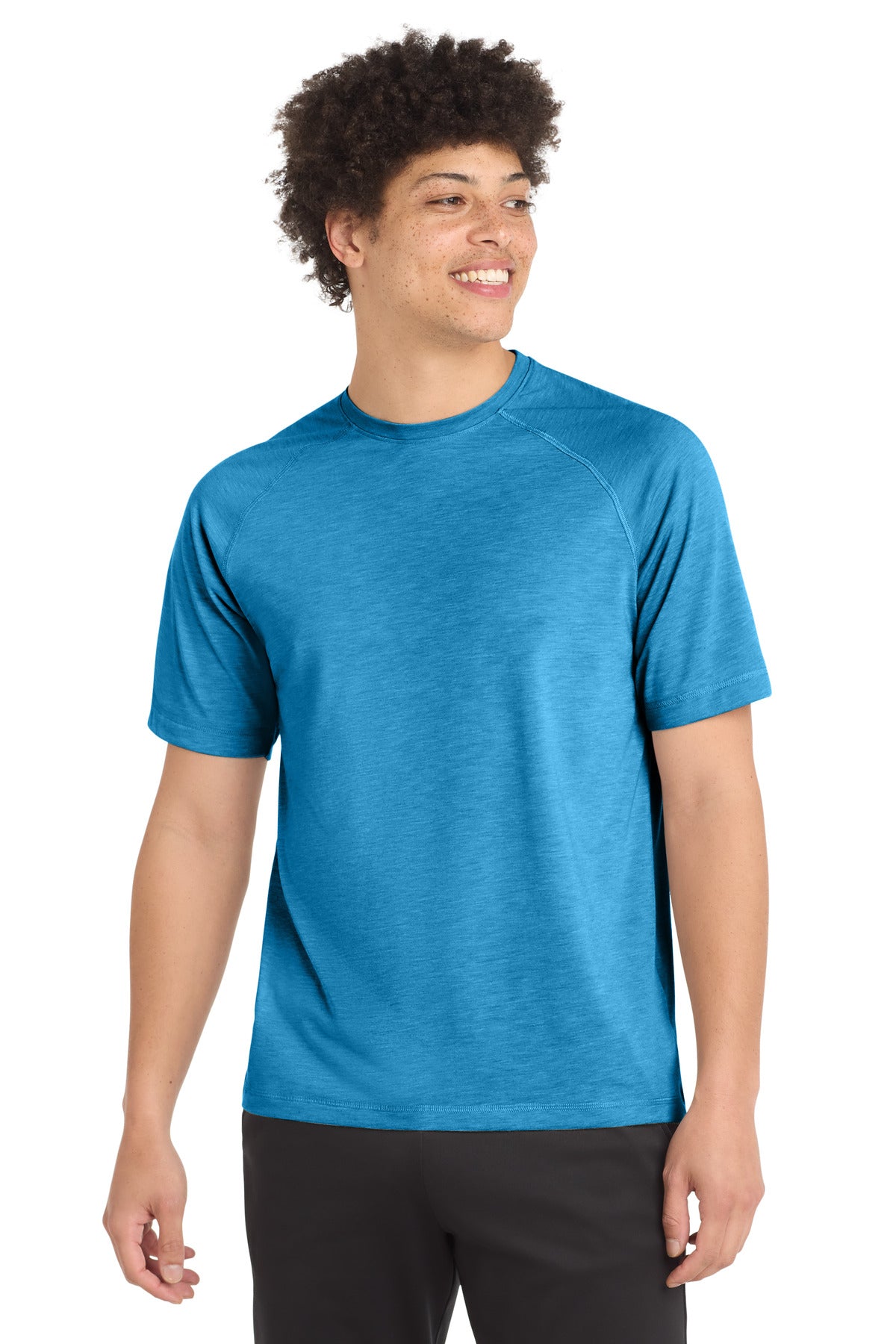 Front View of Pond Blue Hthr Sport-Tek PosiCharge Tri-Blend Wicking Raglan Tee. ST400