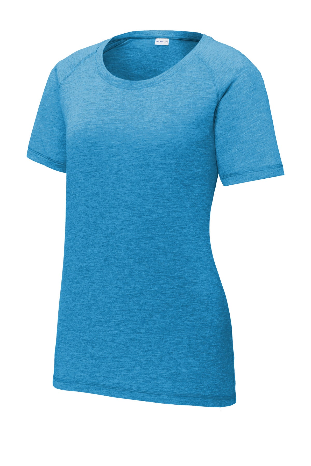 Front View of Pond Blue Hthr Sport-Tek Women's PosiCharge Tri-Blend Wicking Scoop Neck Raglan Tee. LST400