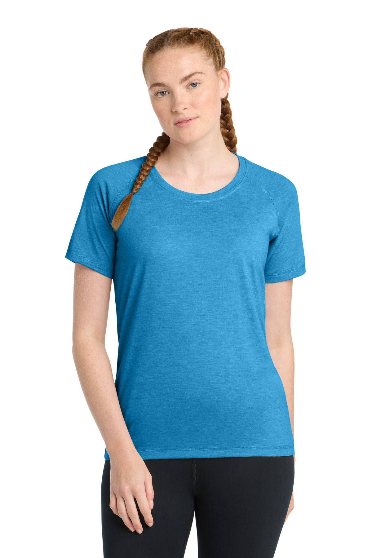 Front View of Pond Blue Hthr Sport-Tek Women's PosiCharge Tri-Blend Wicking Scoop Neck Raglan Tee. LST400