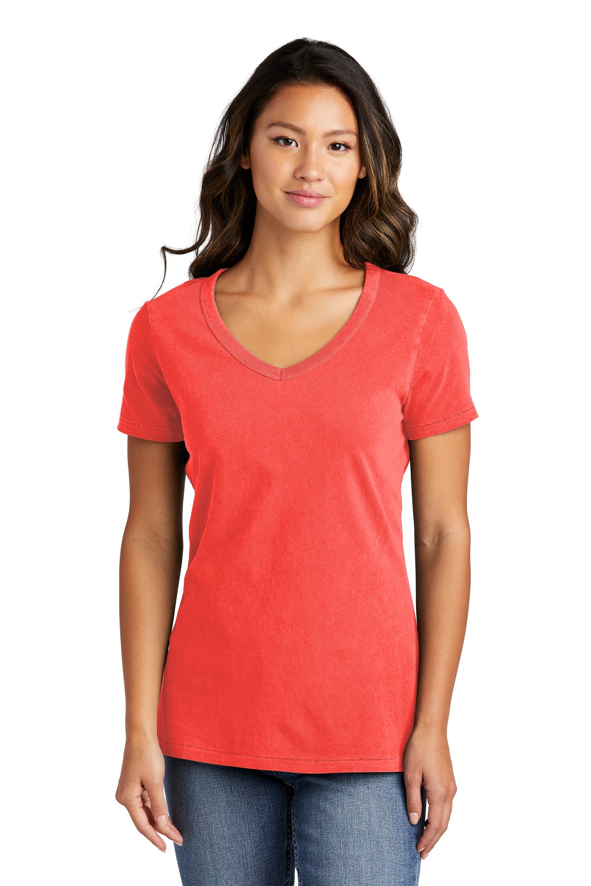 Front View of Poppy Port & Company Women's Beach Wash Garment-Dyed V-Neck Tee LPC099V