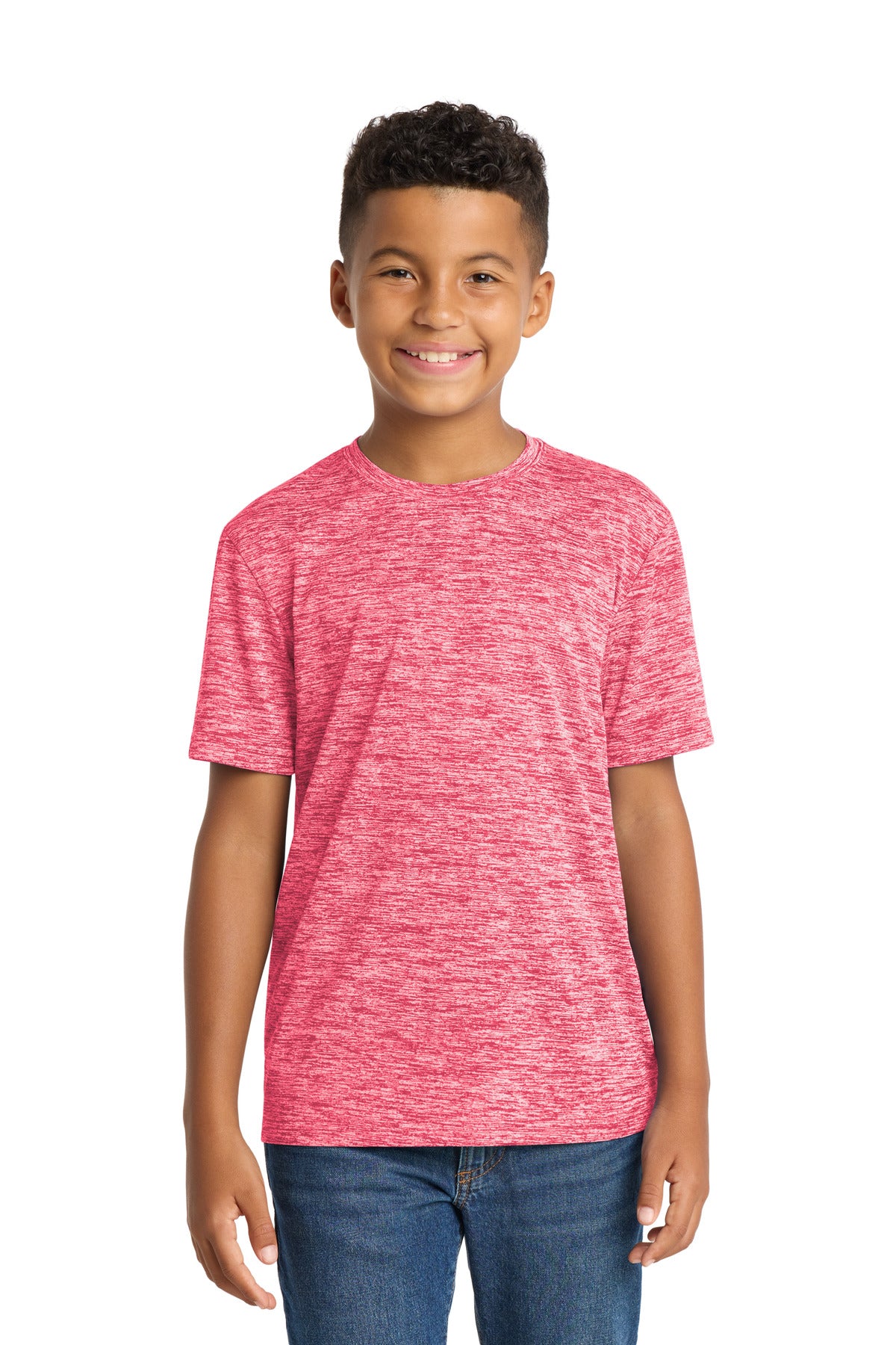 Front View of Power Pink Ele Sport-Tek Youth PosiCharge Electric Heather Tee. YST390