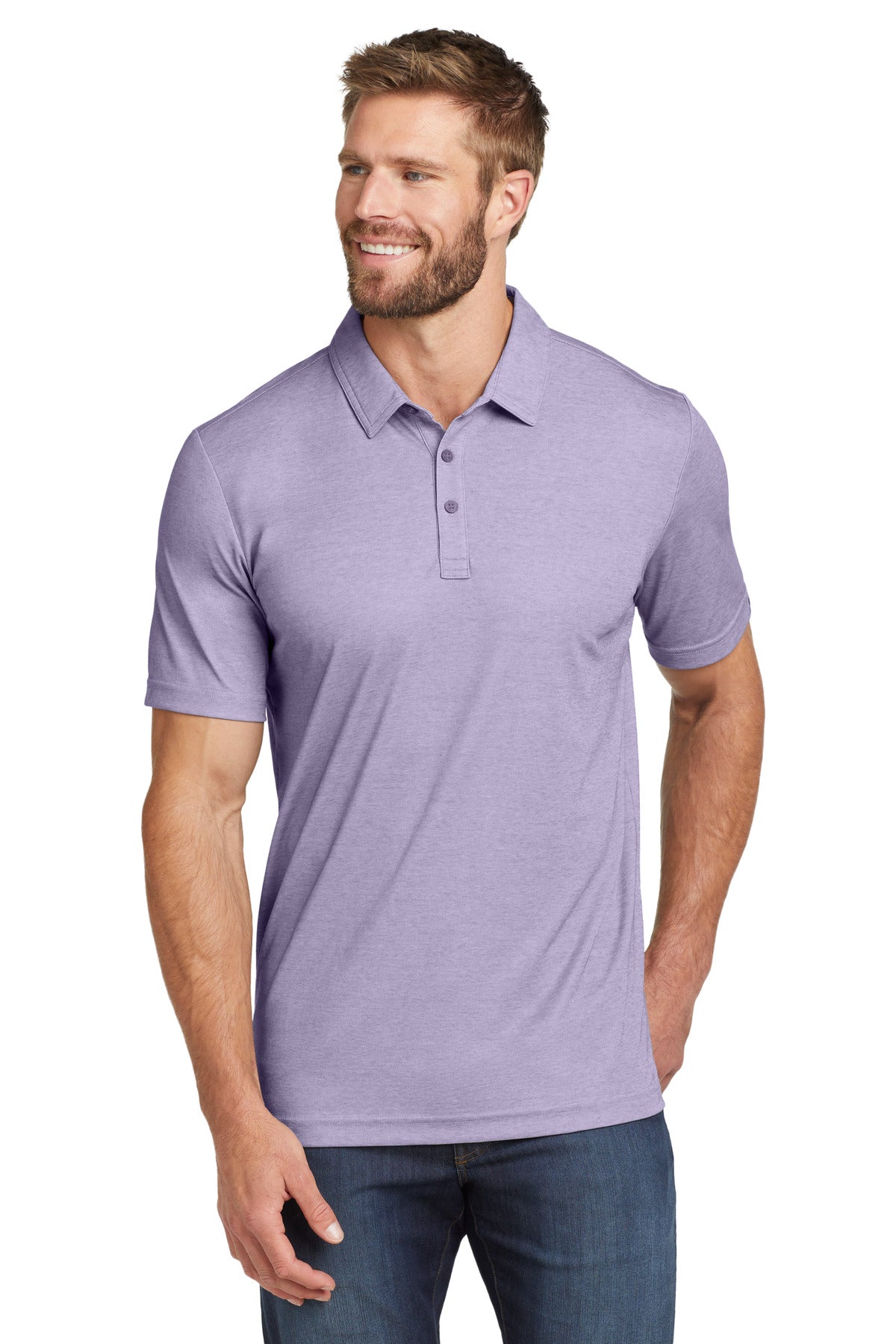 Front View of PrplSageHt TravisMathew Oceanside Heather Polo. TM1MU412