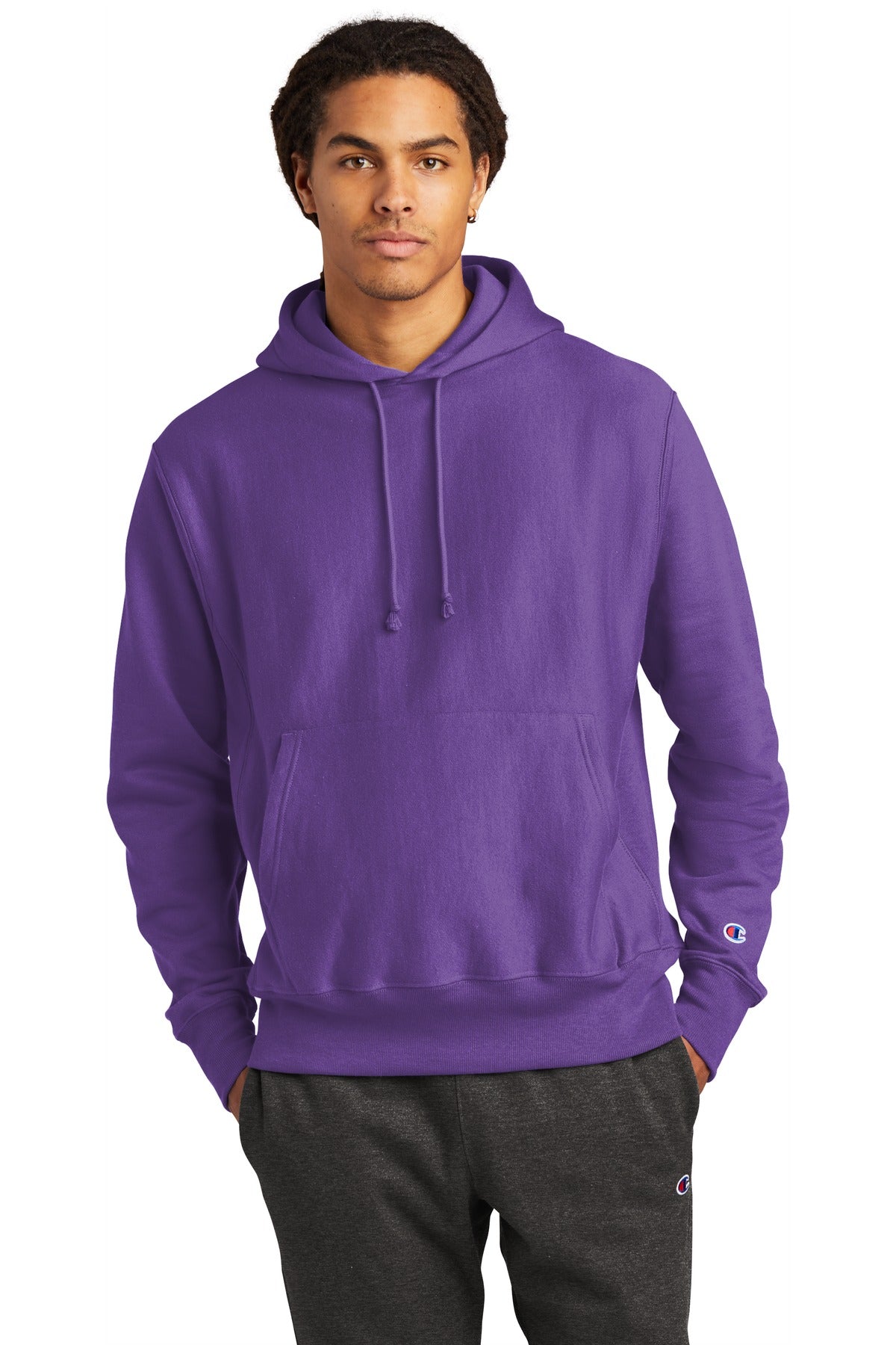 Front View of Purple Champion Reverse Weave Hooded Sweatshirt S101