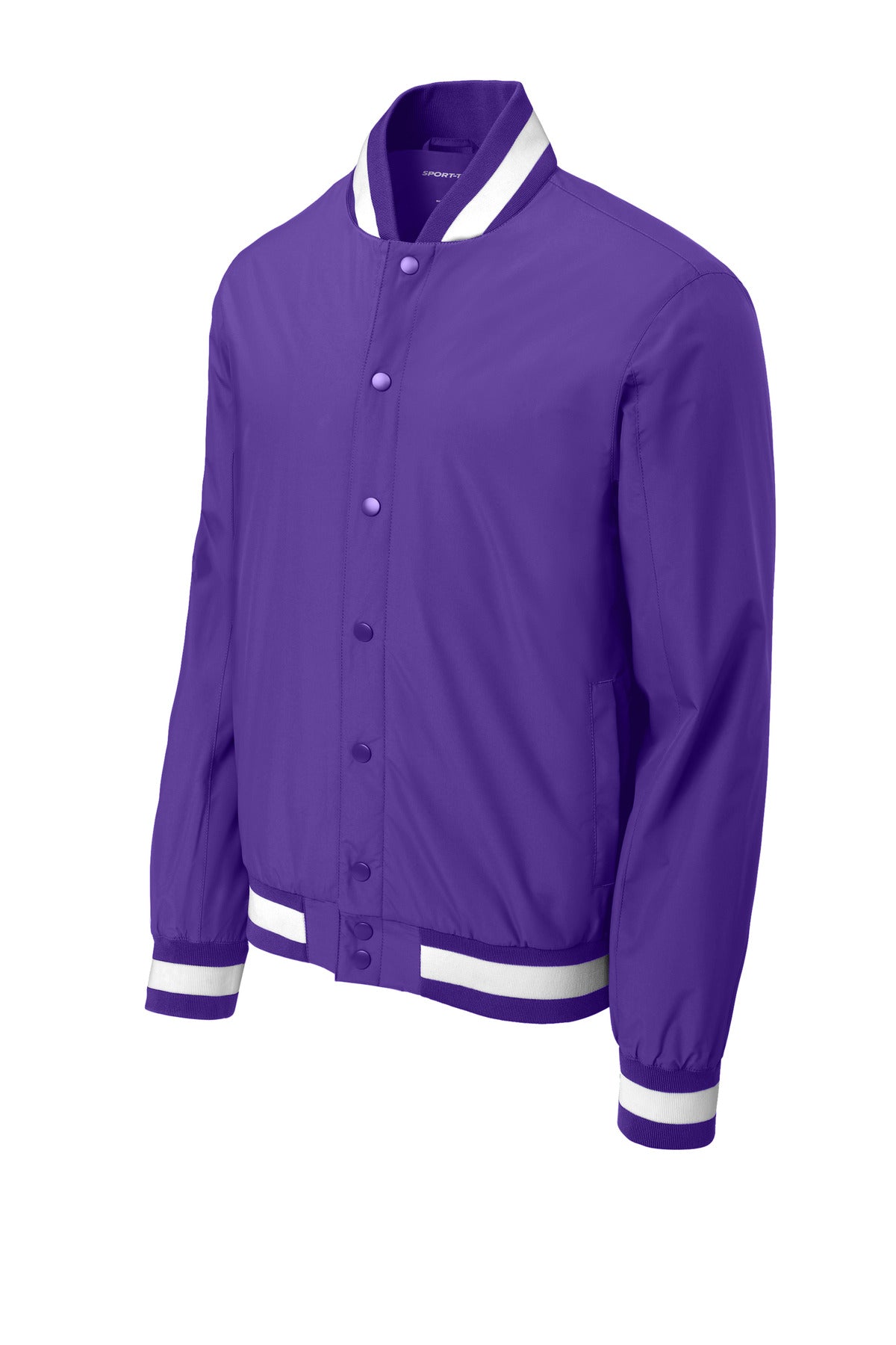 Front View of Purple Sport-Tek Insulated Varsity Jacket JST58