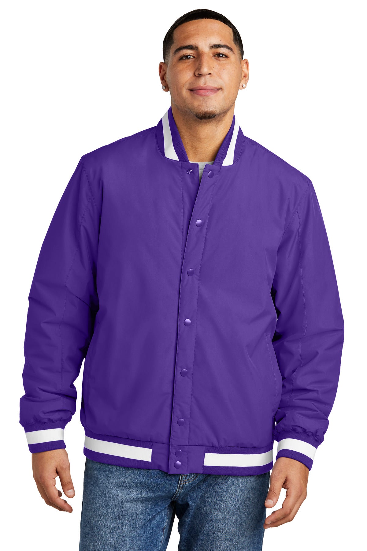 Front View of Purple Sport-Tek Insulated Varsity Jacket JST58