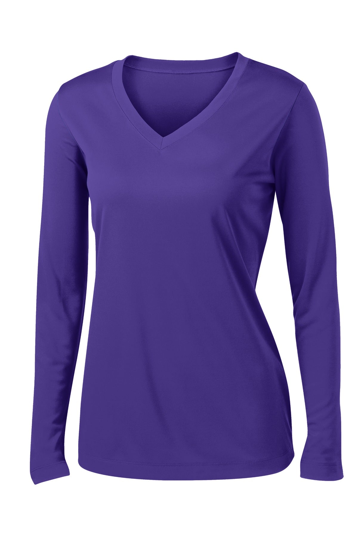 Front View of Purple Sport-Tek Women's Long Sleeve PosiCharge Competitor V-Neck Tee. LST353LS