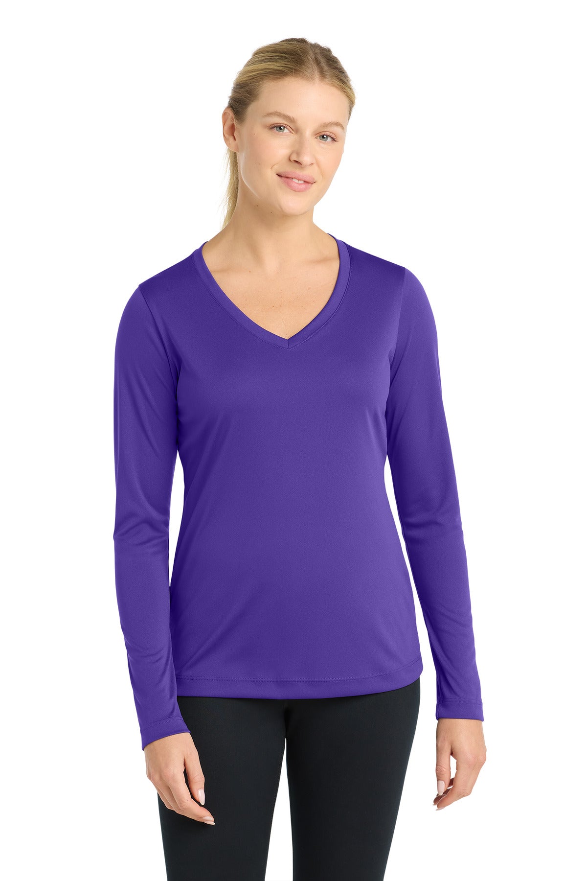 Front View of Purple Sport-Tek Women's Long Sleeve PosiCharge Competitor V-Neck Tee. LST353LS