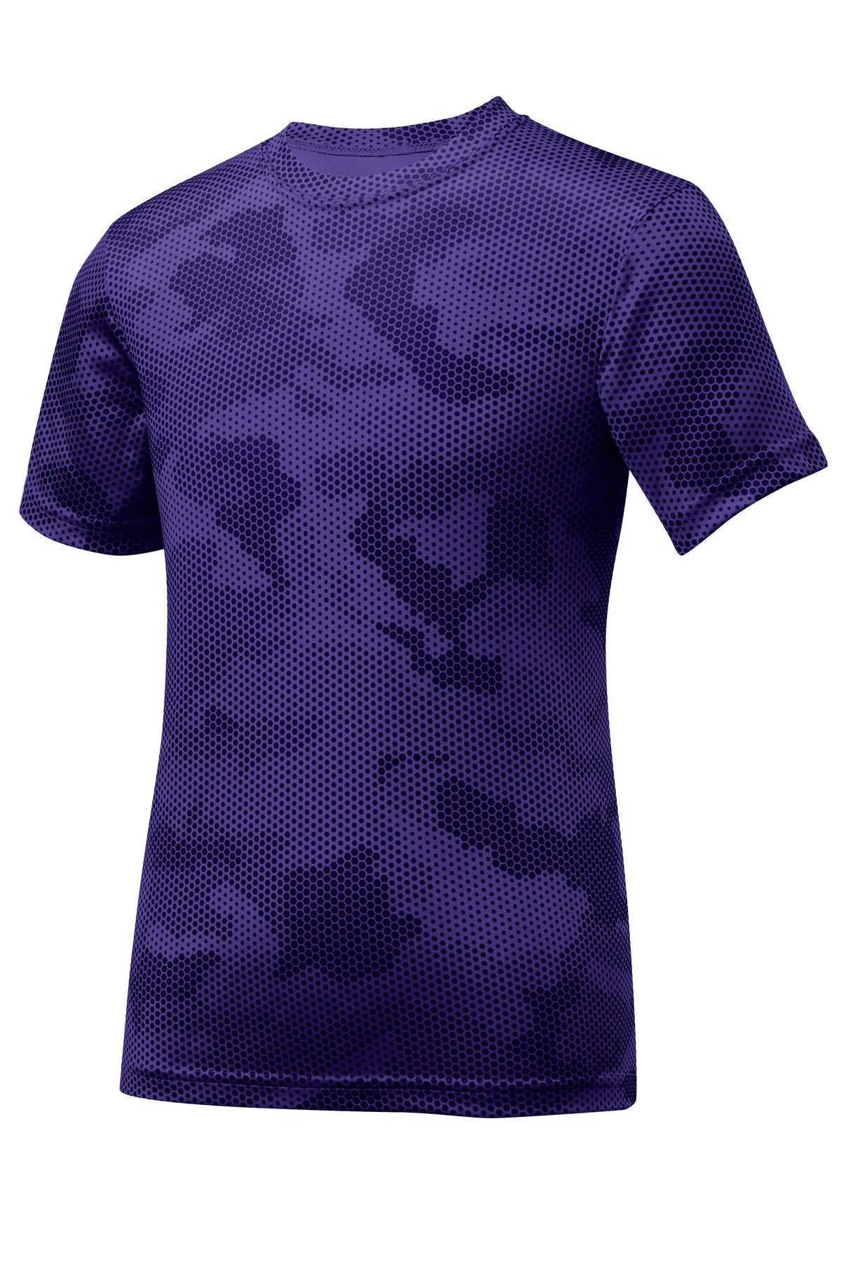 Front View of Purple Sport-Tek Youth CamoHex Tee. YST370