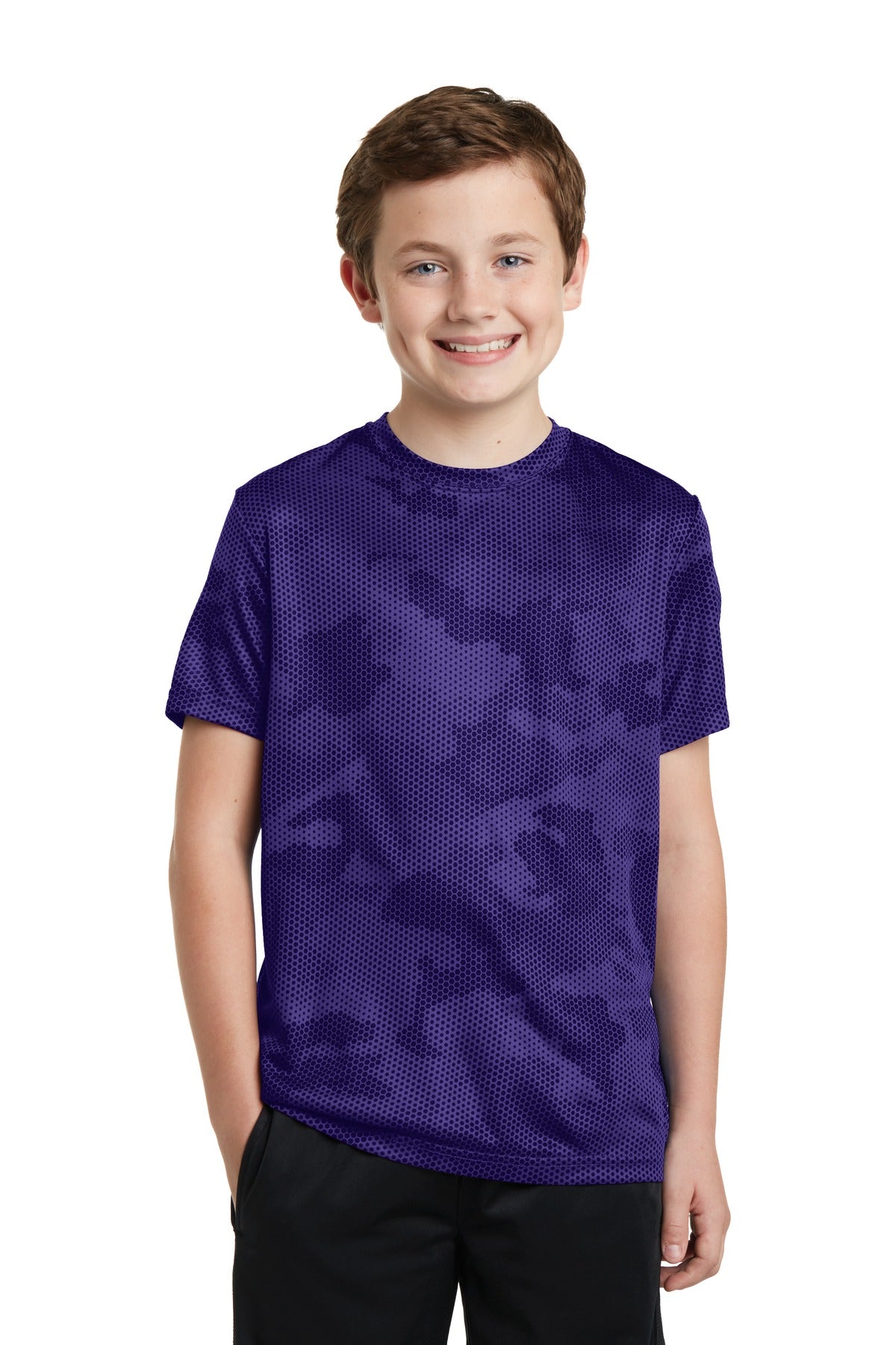 Front View of Purple Sport-Tek Youth CamoHex Tee. YST370