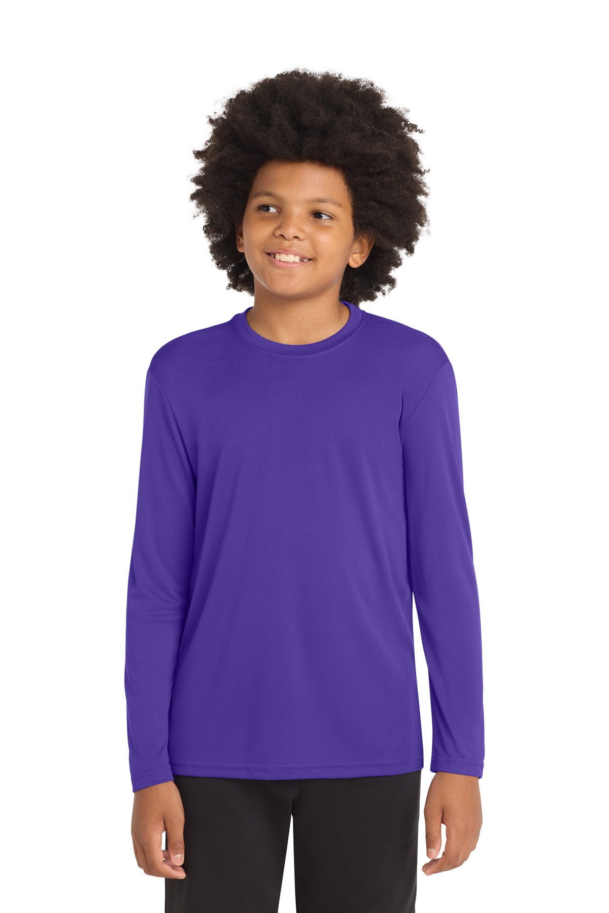 Front View of Purple Sport-Tek Youth Long Sleeve PosiCharge Competitor Tee. YST350LS