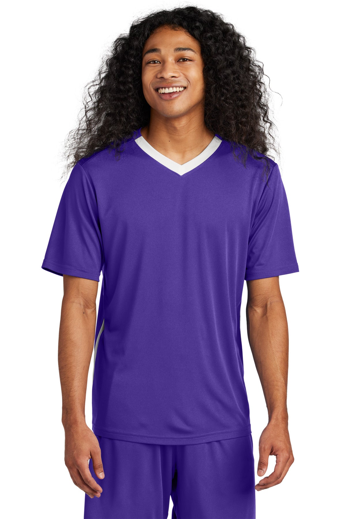 Front View of Purple/Wh Sport-Tek Competitor United V-Neck ST101
