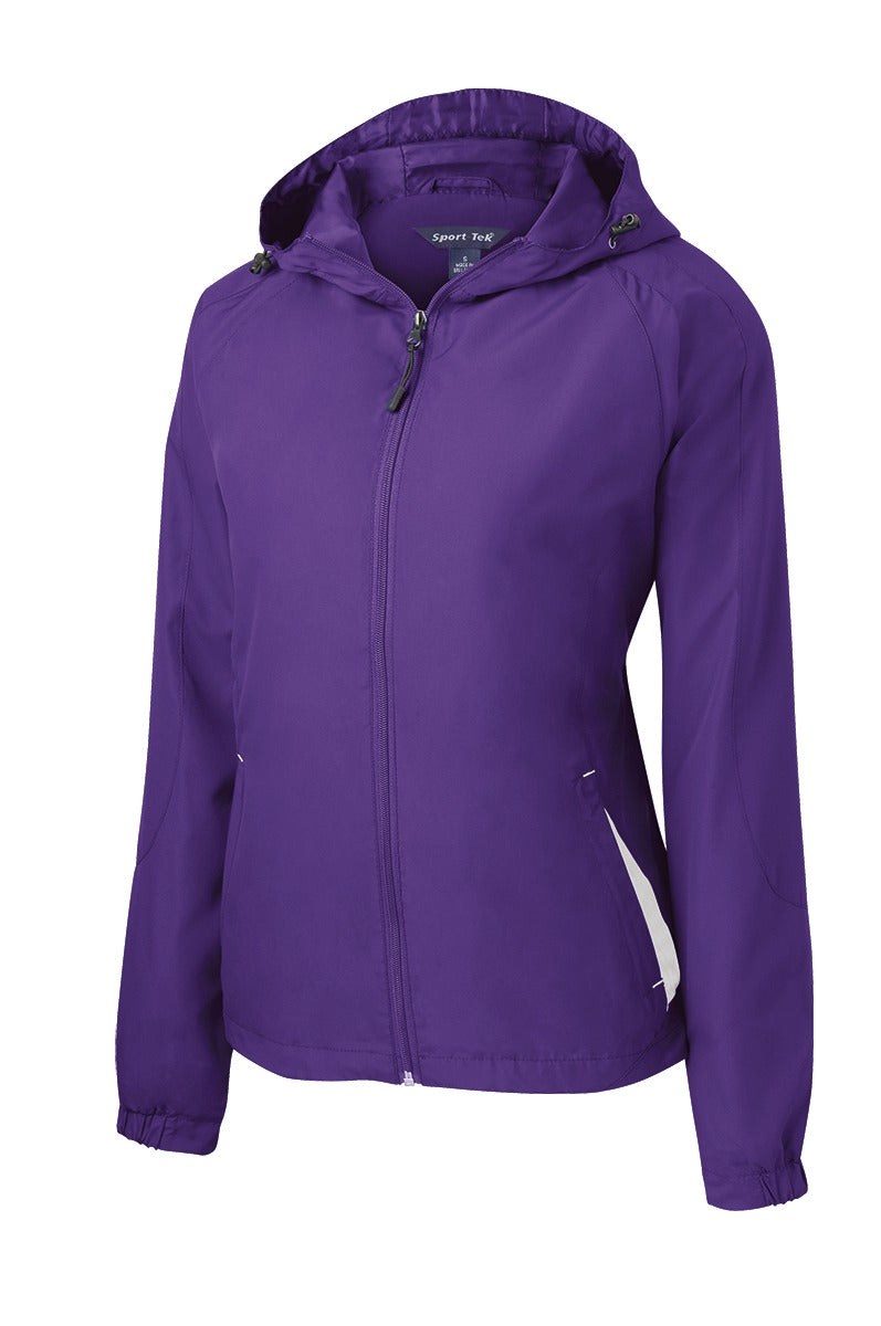 Front View of Purple/White Sport-Tek Women's Colorblock Hooded Raglan Jacket. LST76
