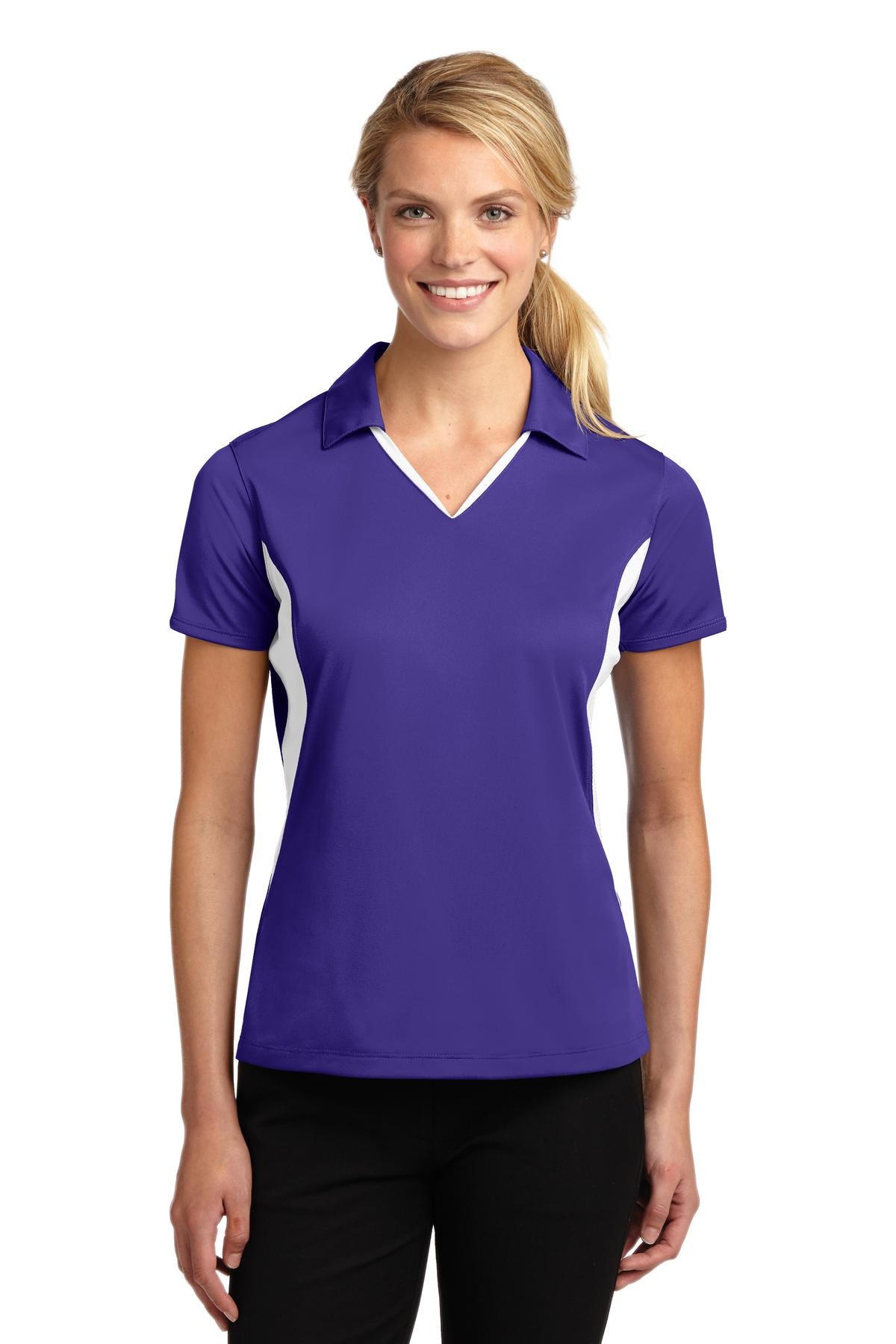 Front View of Purple/White Sport-Tek Women's Side Blocked Micropique Sport-Wick Polo. LST655