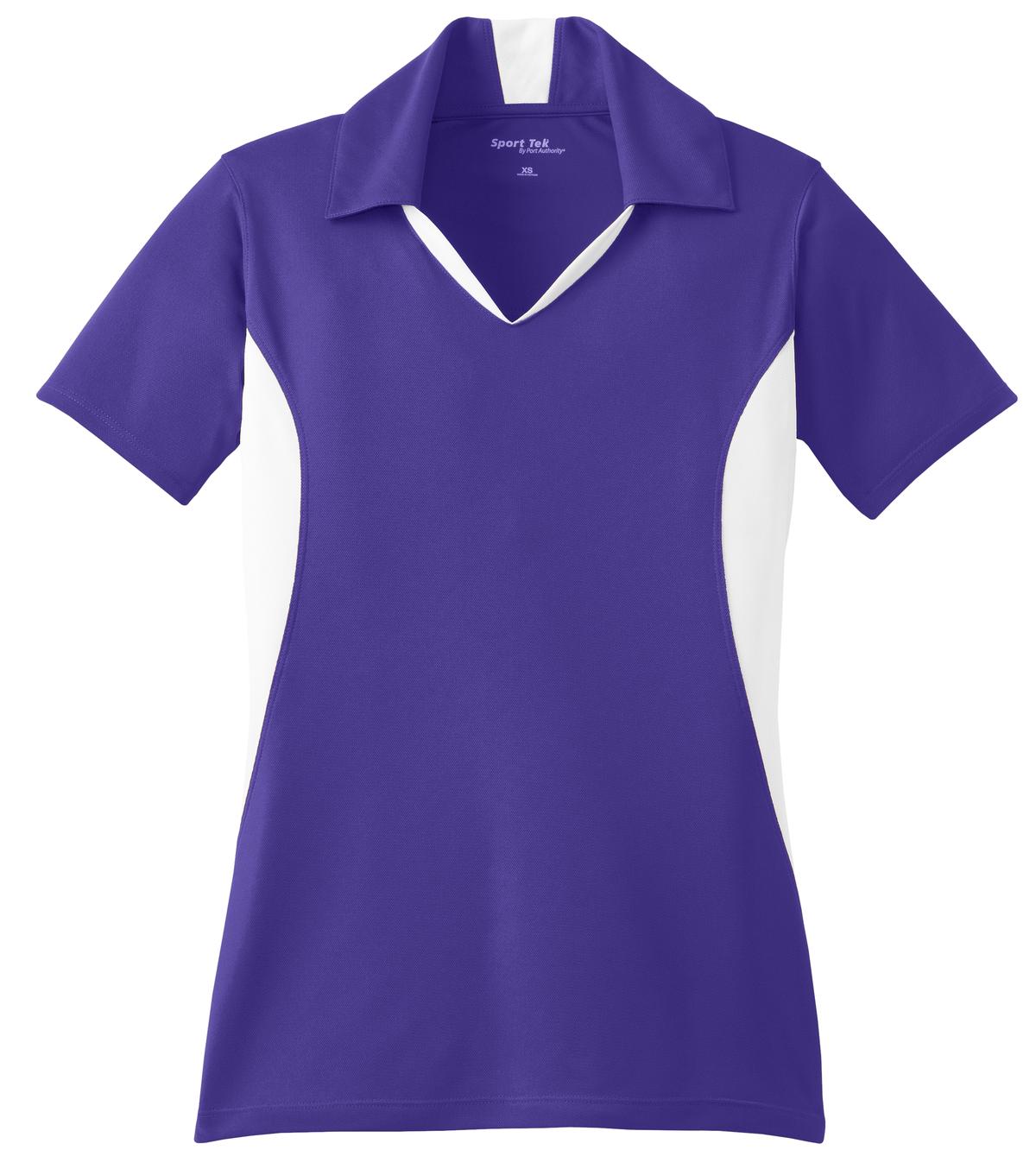 Front View of Purple/White Sport-Tek Women's Side Blocked Micropique Sport-Wick Polo. LST655