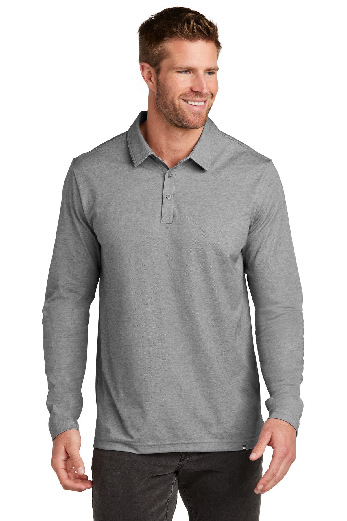 Front View of QuiShaGyHt TravisMathew Oceanside Heather Long Sleeve Polo TM1MZ343