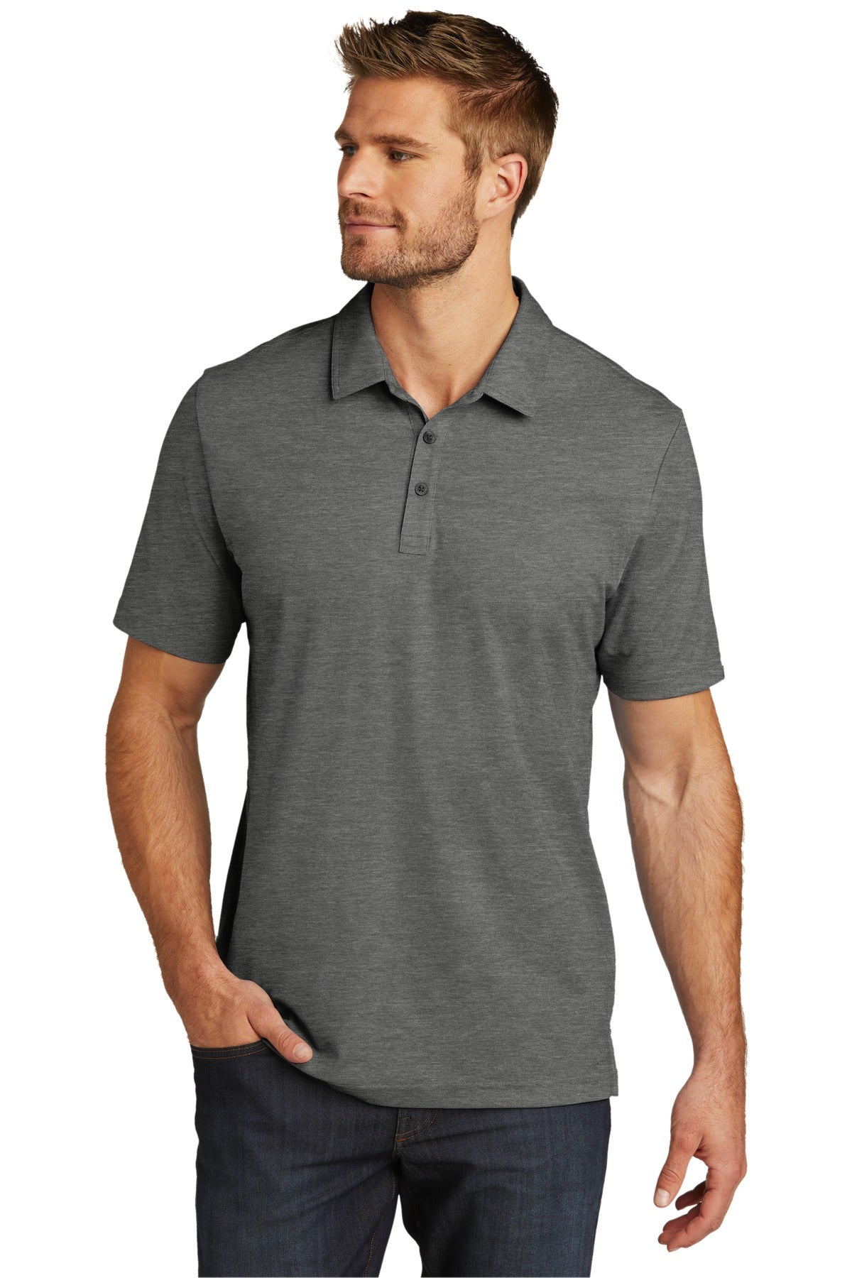 Front View of QuiShaGyHt TravisMathew Oceanside Heather Polo. TM1MU412