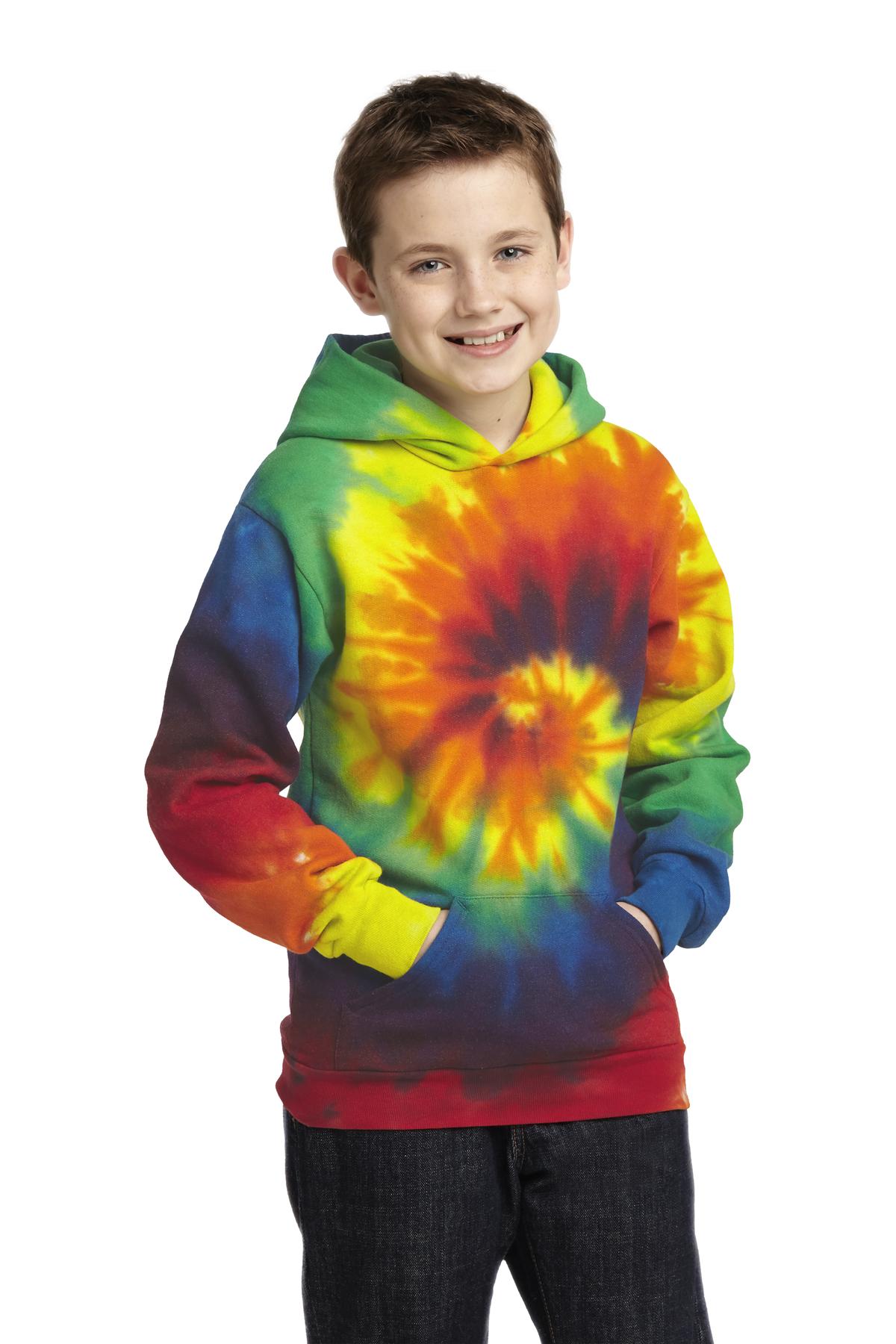Front View of Rainbow Port & Company Youth Tie-Dye Pullover Hooded Sweatshirt. PC146Y