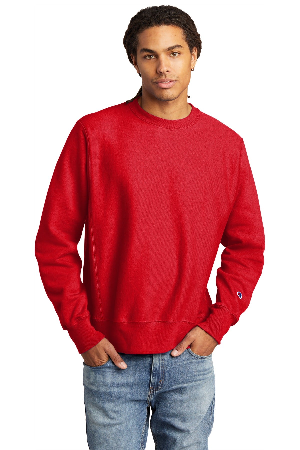 Front View of Red Champion Reverse Weave Crewneck Sweatshirt S149