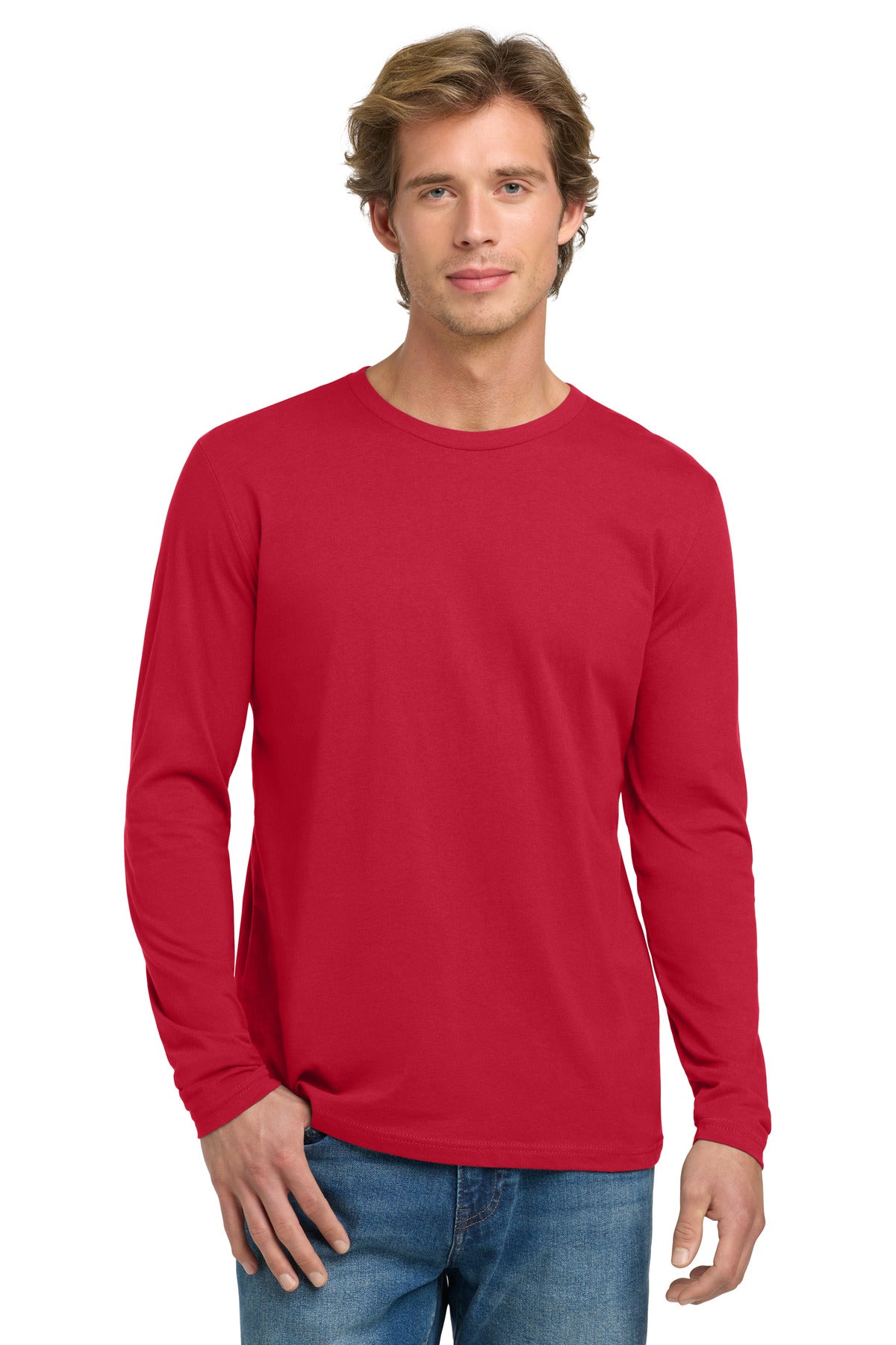 Front View of Red Next Level Apparel Cotton Long Sleeve Tee. NL3601