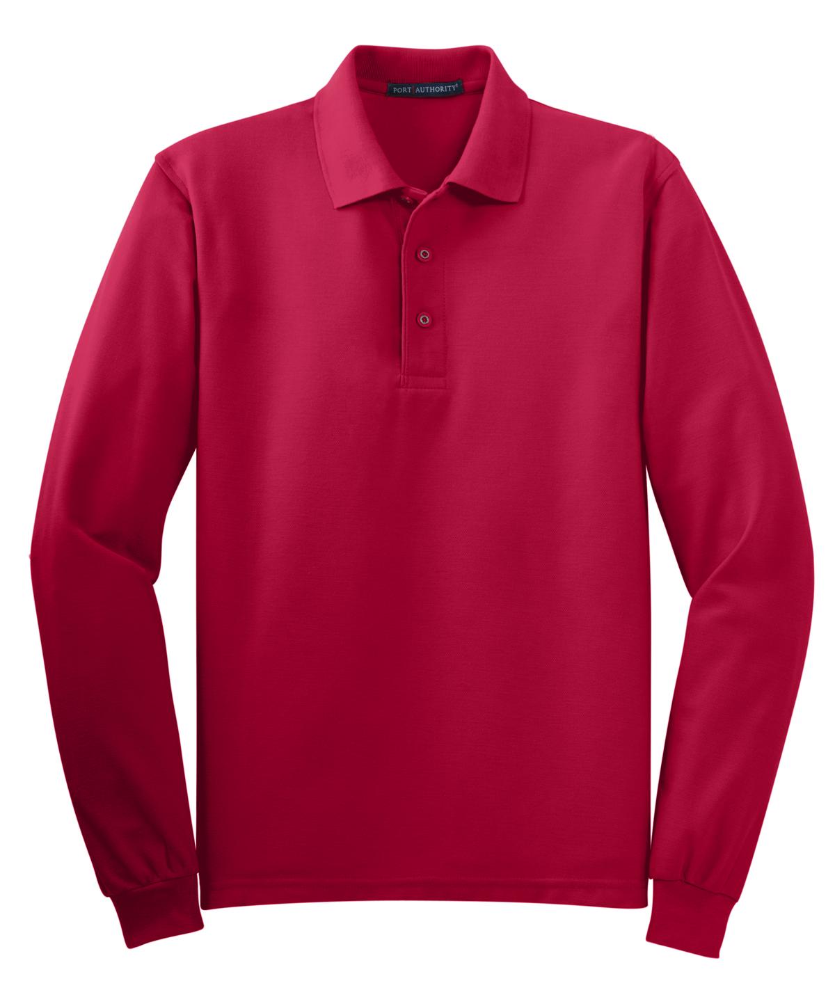 Front View of Red Port Authority Silk Touch Long Sleeve Polo. K500LS