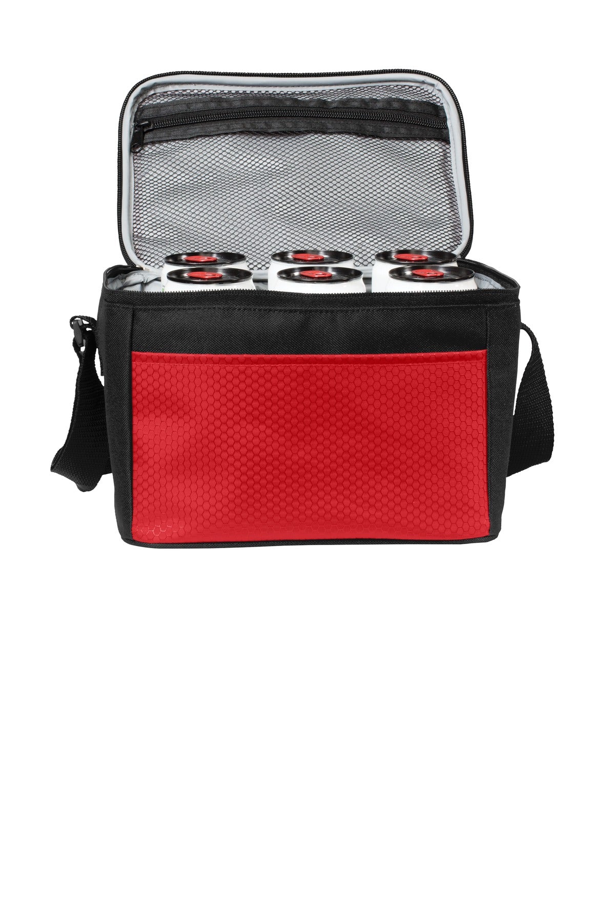 Front View of Red/Black Port Authority 6-Can Cube Cooler. BG512
