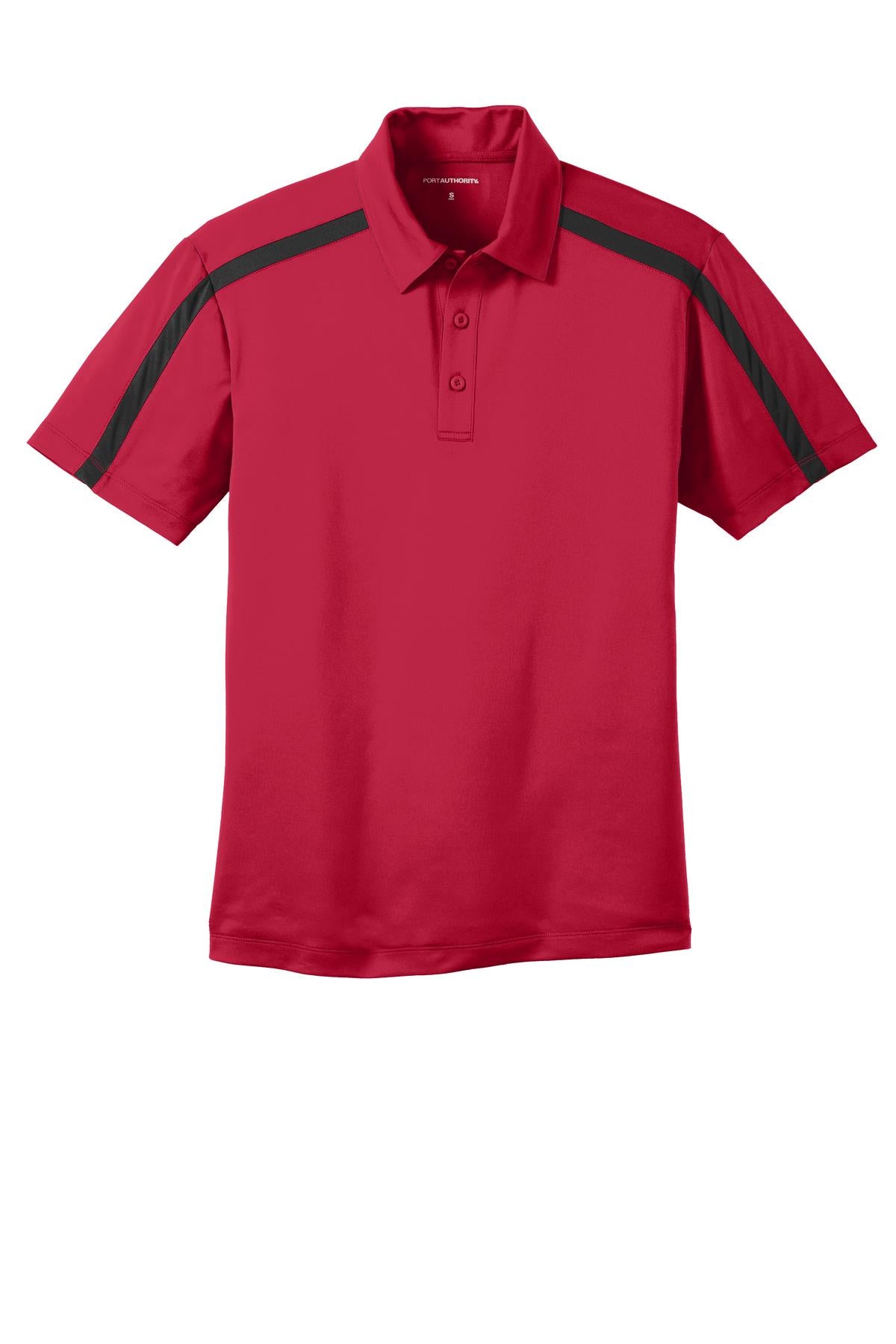 Front View of Red/Black Port Authority Silk Touch Performance Colorblock Stripe Polo. K547