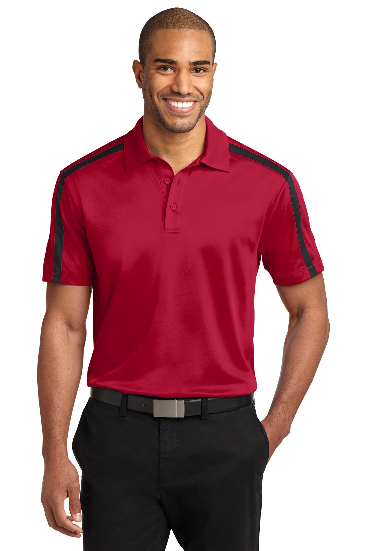 Front View of Red/Black Port Authority Silk Touch Performance Colorblock Stripe Polo. K547