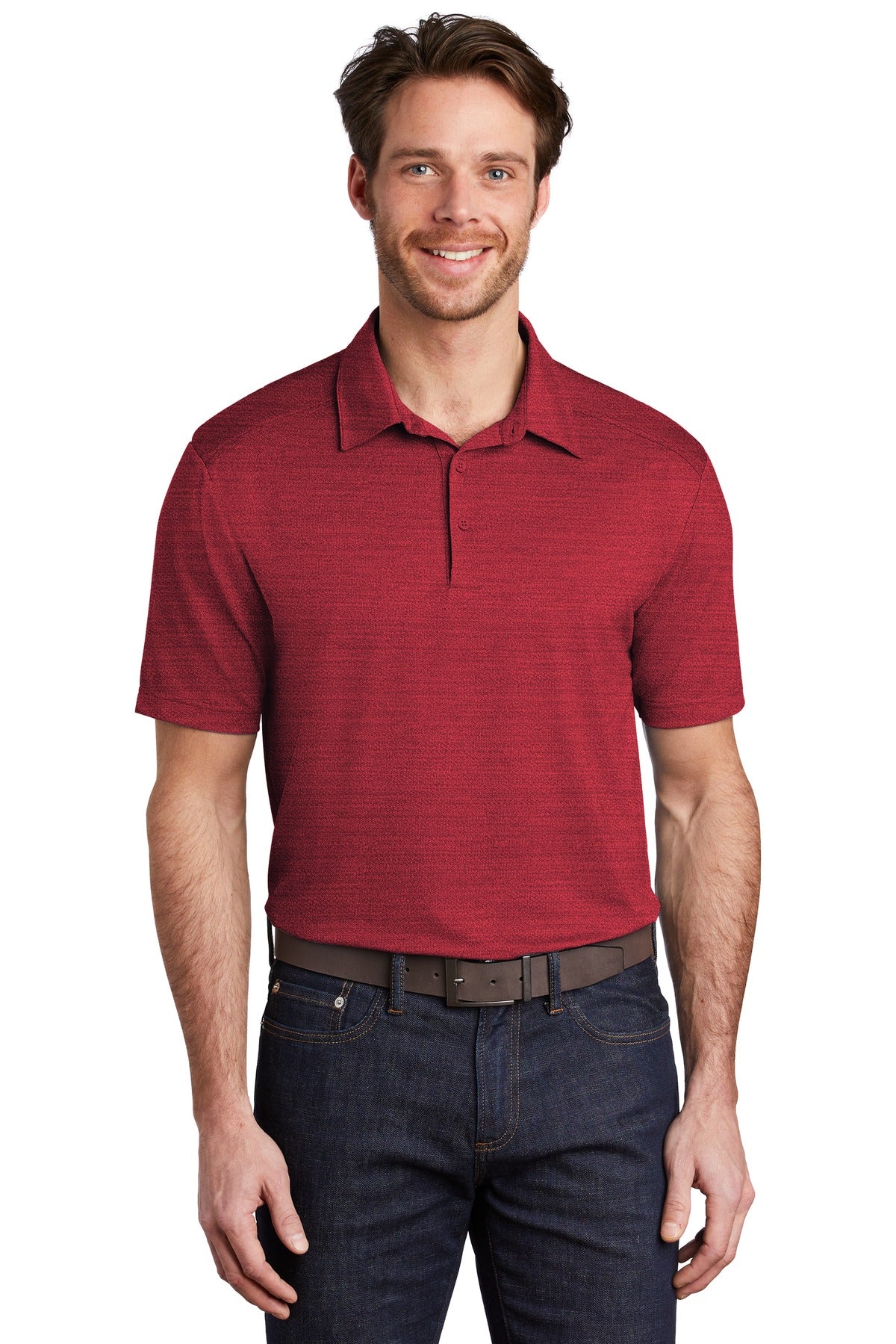 Front View of Red/Black Port Authority Stretch Heather Polo K583