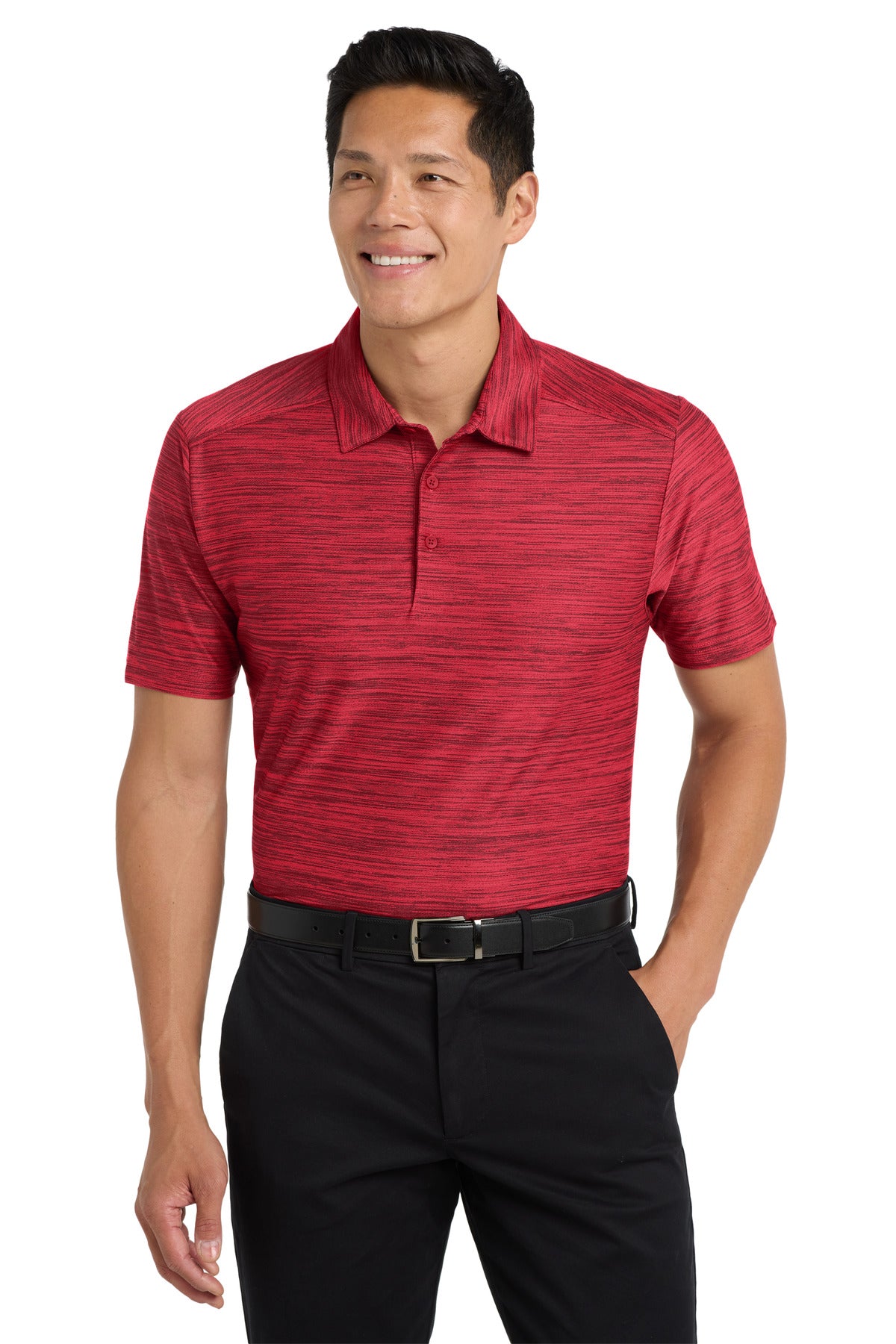Front View of Red/Black Port Authority Stretch Heather Polo K583