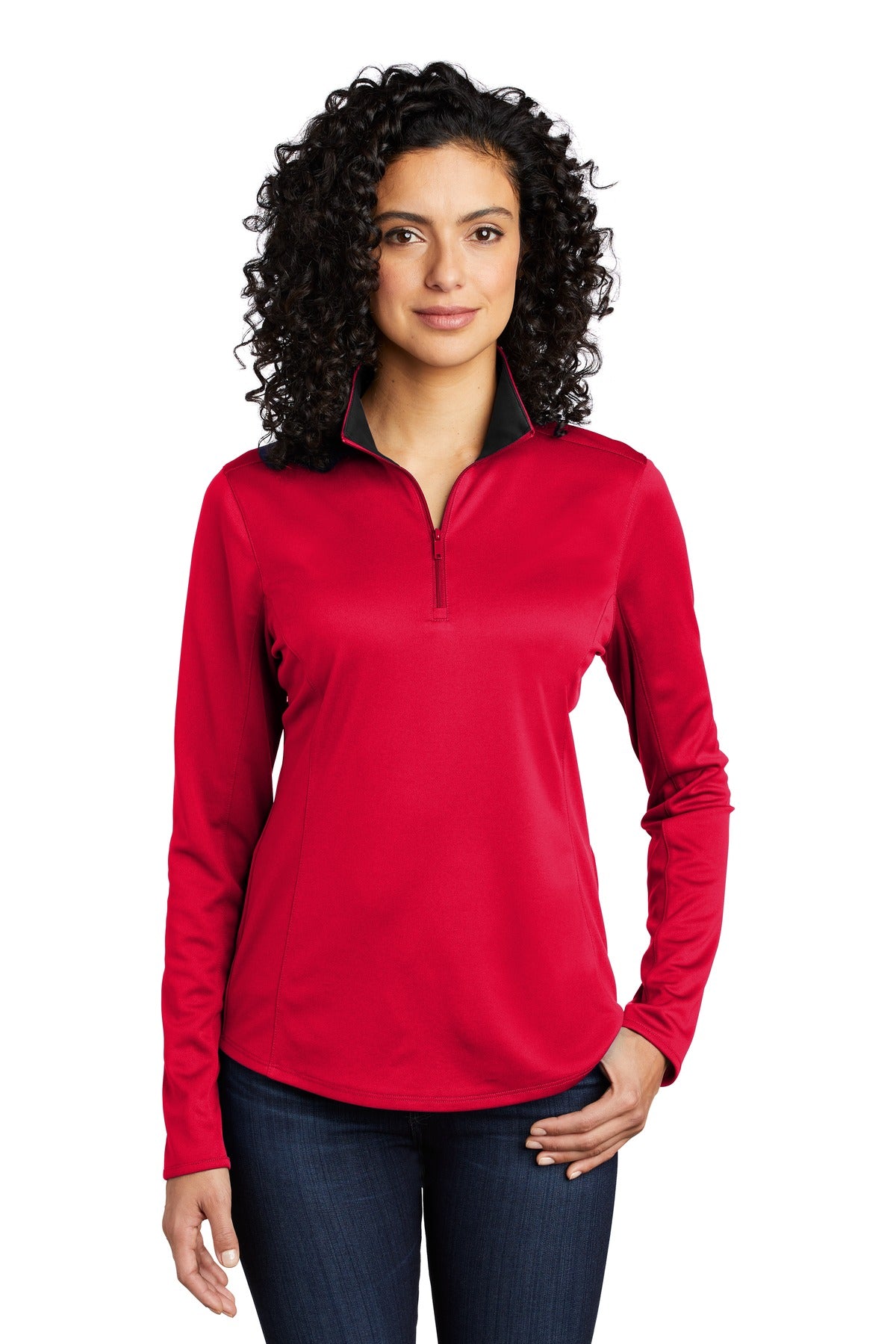 Front View of Red/Black Port Authority Women's Silk Touch Performance 1/4-Zip LK584