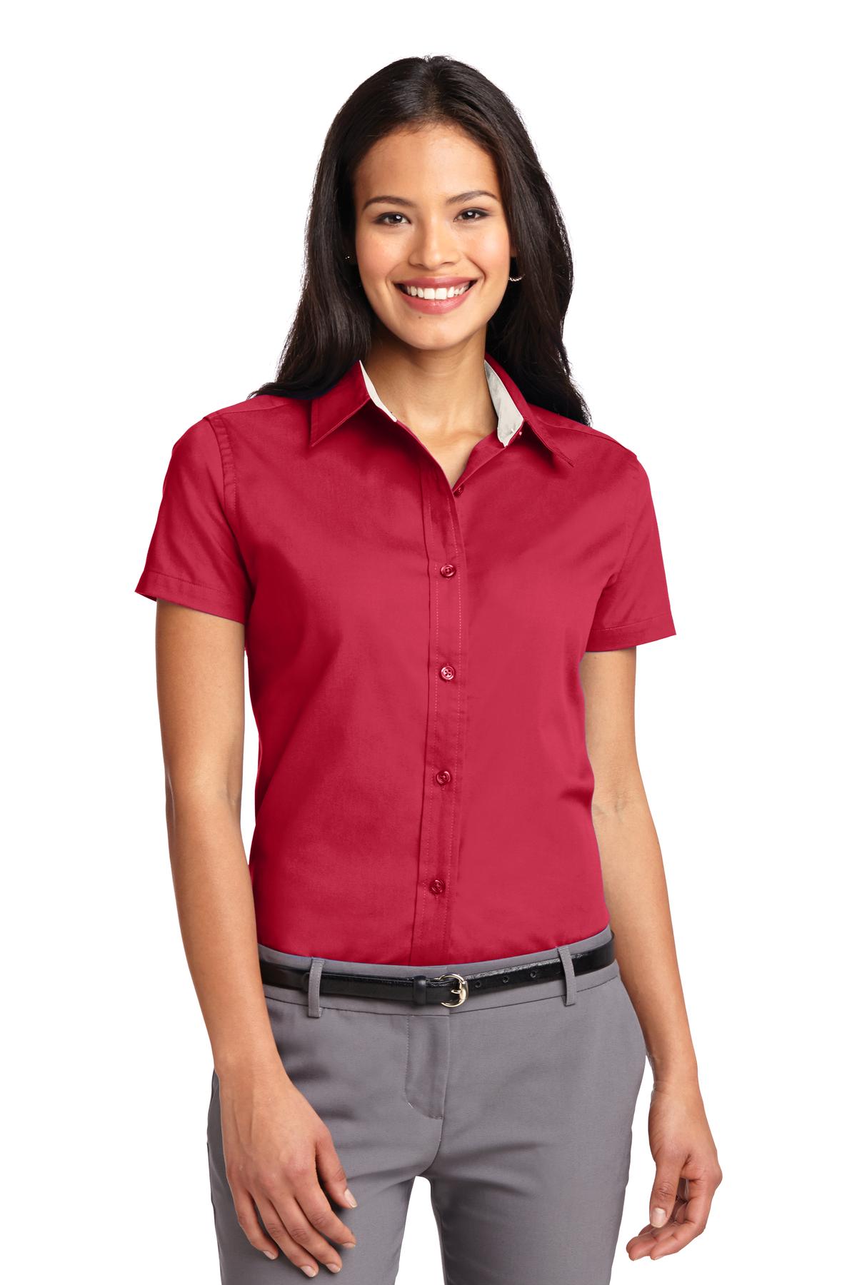 Front View of Red/Lt Stone Port Authority Women's Short Sleeve Easy Care Shirt. L508