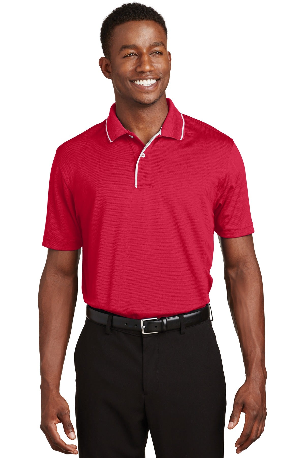 Front View of Red/White Sport-Tek Dri-Mesh Polo with Tipped Collar and Piping. K467