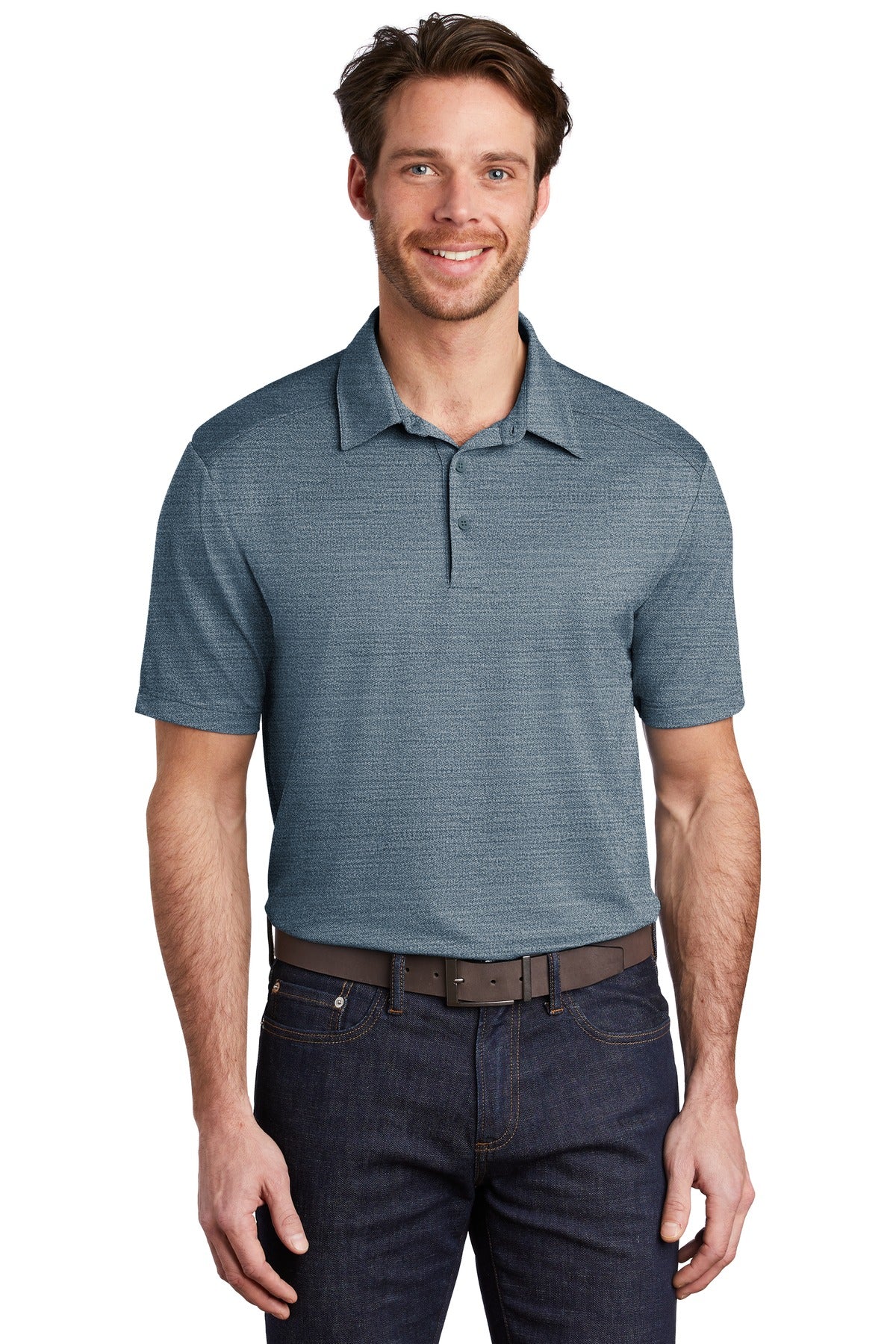 Front View of Reg Bl/Gsty Gy Port Authority Stretch Heather Polo K583