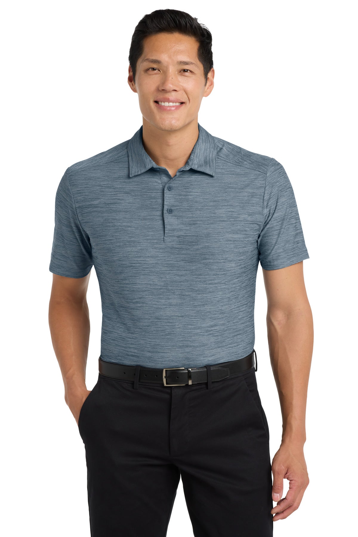 Front View of Reg Bl/Gsty Gy Port Authority Stretch Heather Polo K583