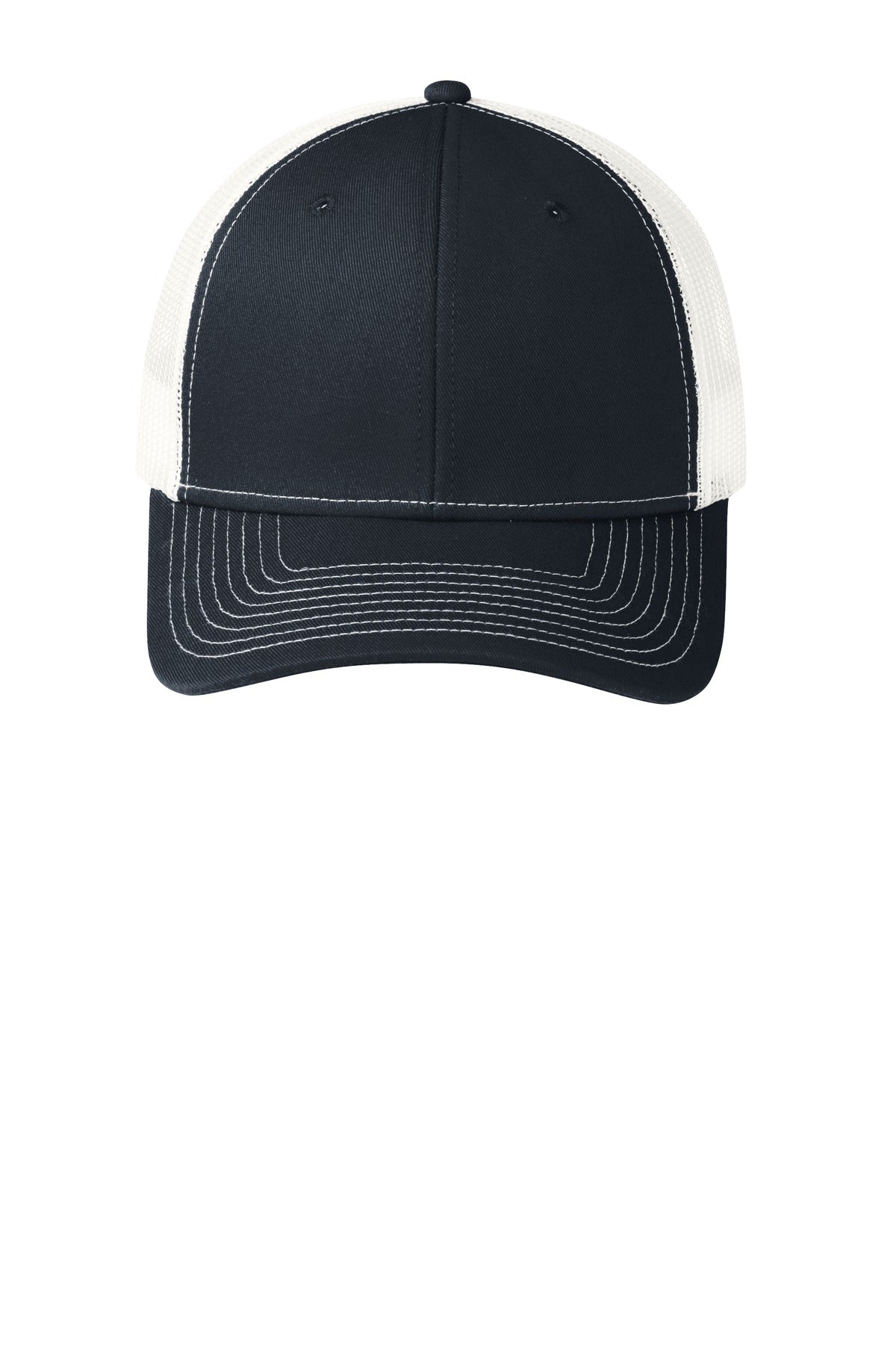 Front View of Rich Navy/Wht Port Authority Snapback Trucker Cap. C112
