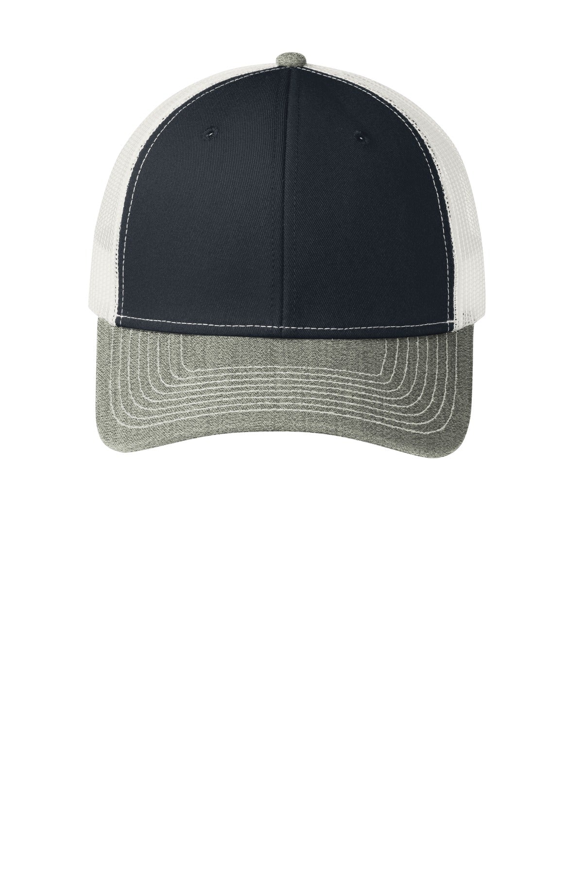 Front View of Rich Ny/H Gy/W Port Authority Snapback Trucker Cap. C112
