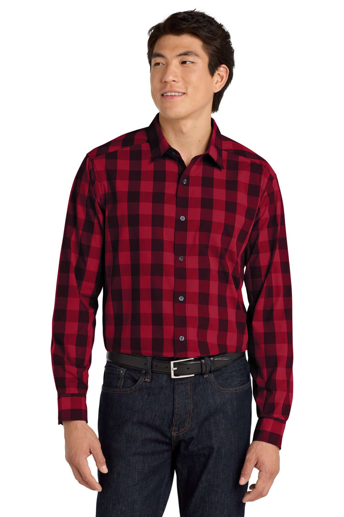 Front View of Rich Red Port Authority Everyday Plaid Shirt. W670