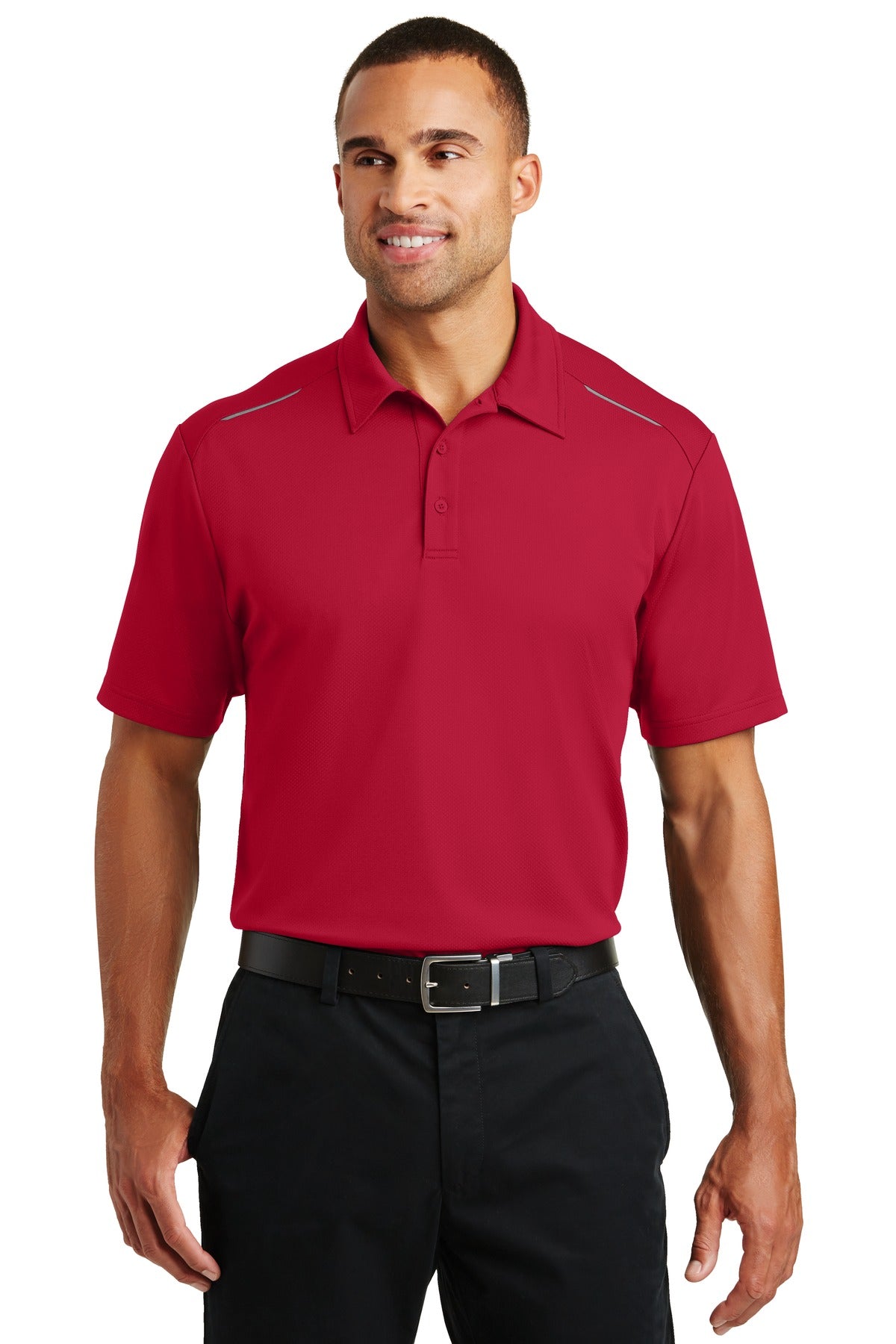 Front View of Rich Red Port Authority Pinpoint Mesh Polo. K580