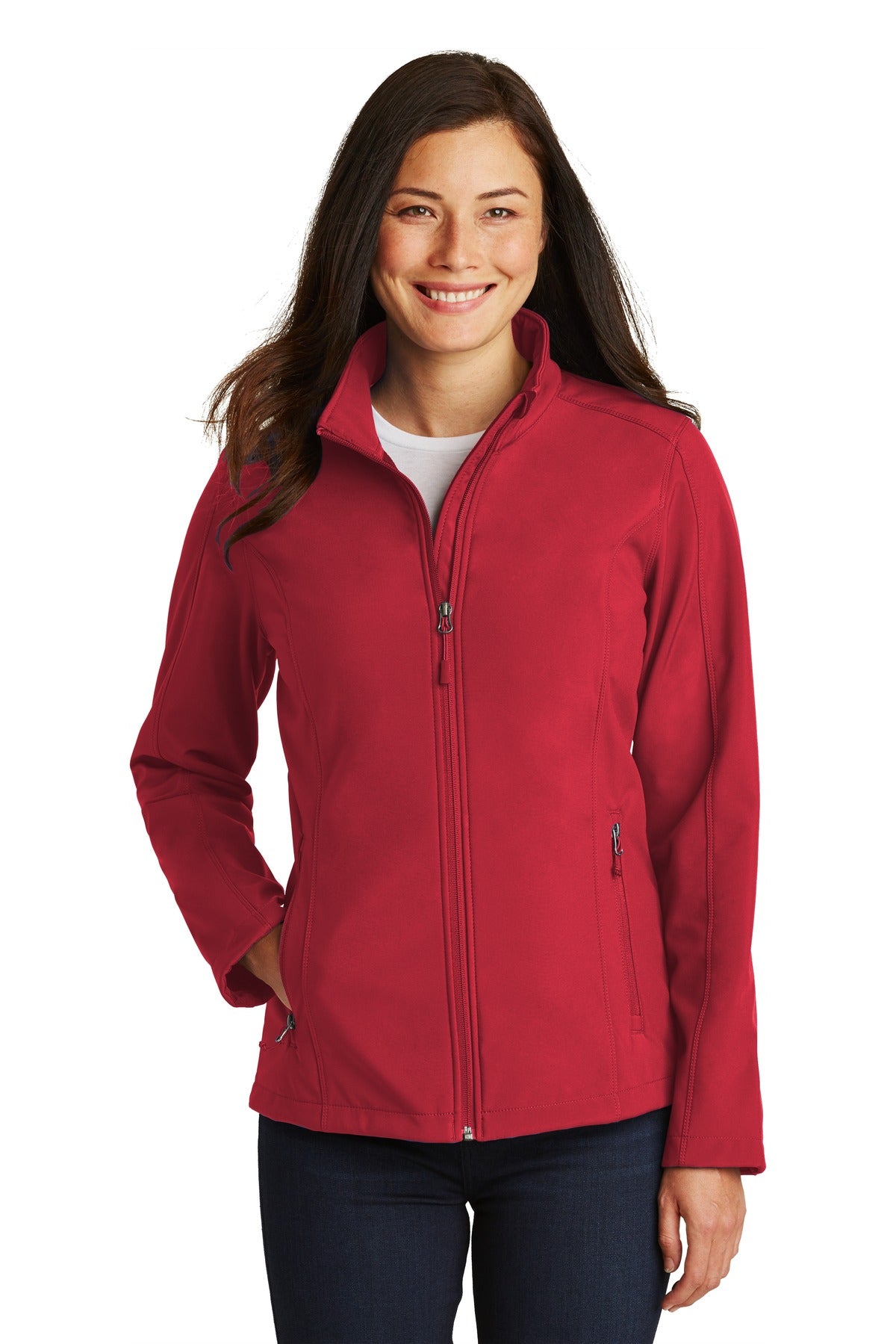 Front View of Rich Red Port Authority Women's Core Soft Shell Jacket. L317