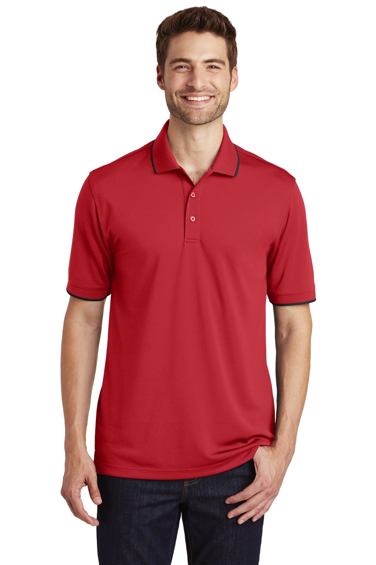 Front View of Rich Red/Dp Bk Port Authority Dry Zone UV Micro-Mesh Tipped Polo. K111