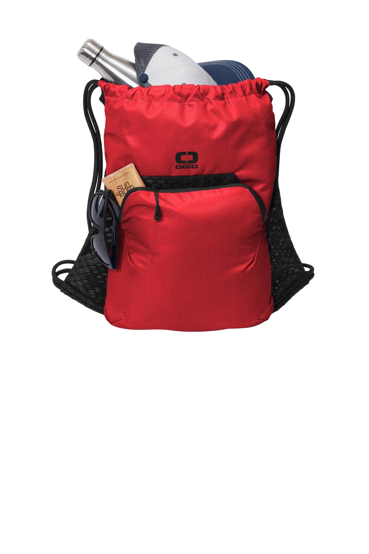 Front View of Ripped Red OGIO Boundary Cinch Pack. 92000