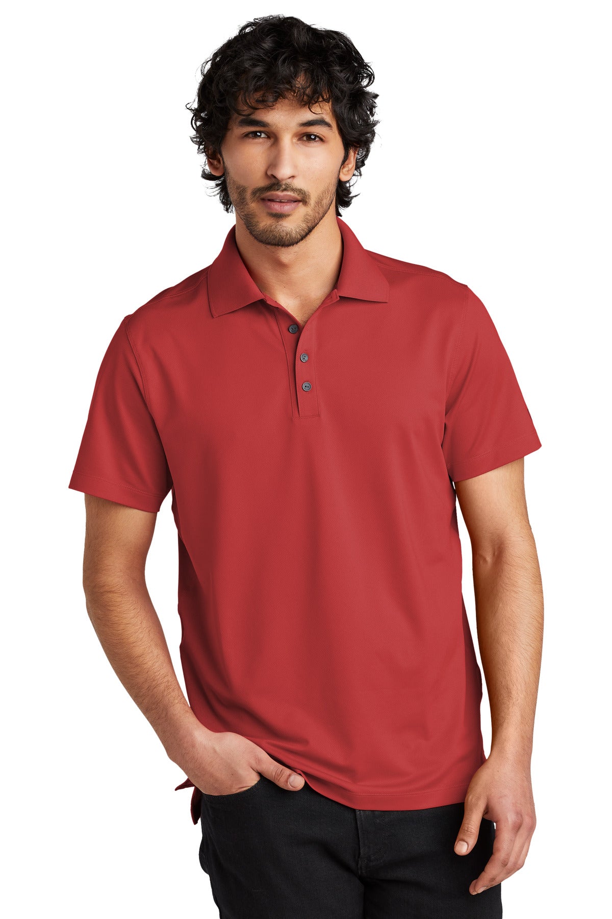 Front View of Ripped Red OGIO Metro Polo. OG130