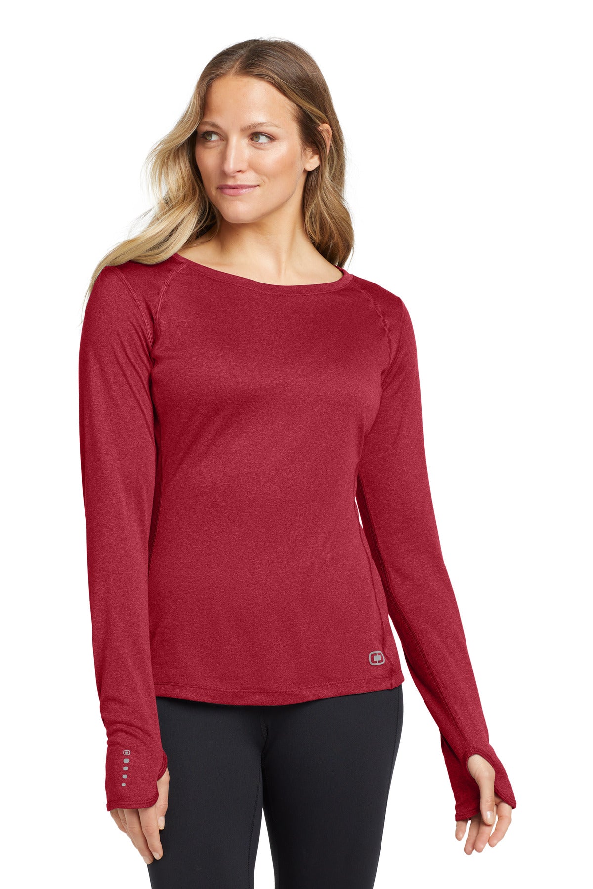 Front View of Ripped Red OGIO Women's Long Sleeve Pulse Crew. LOE321