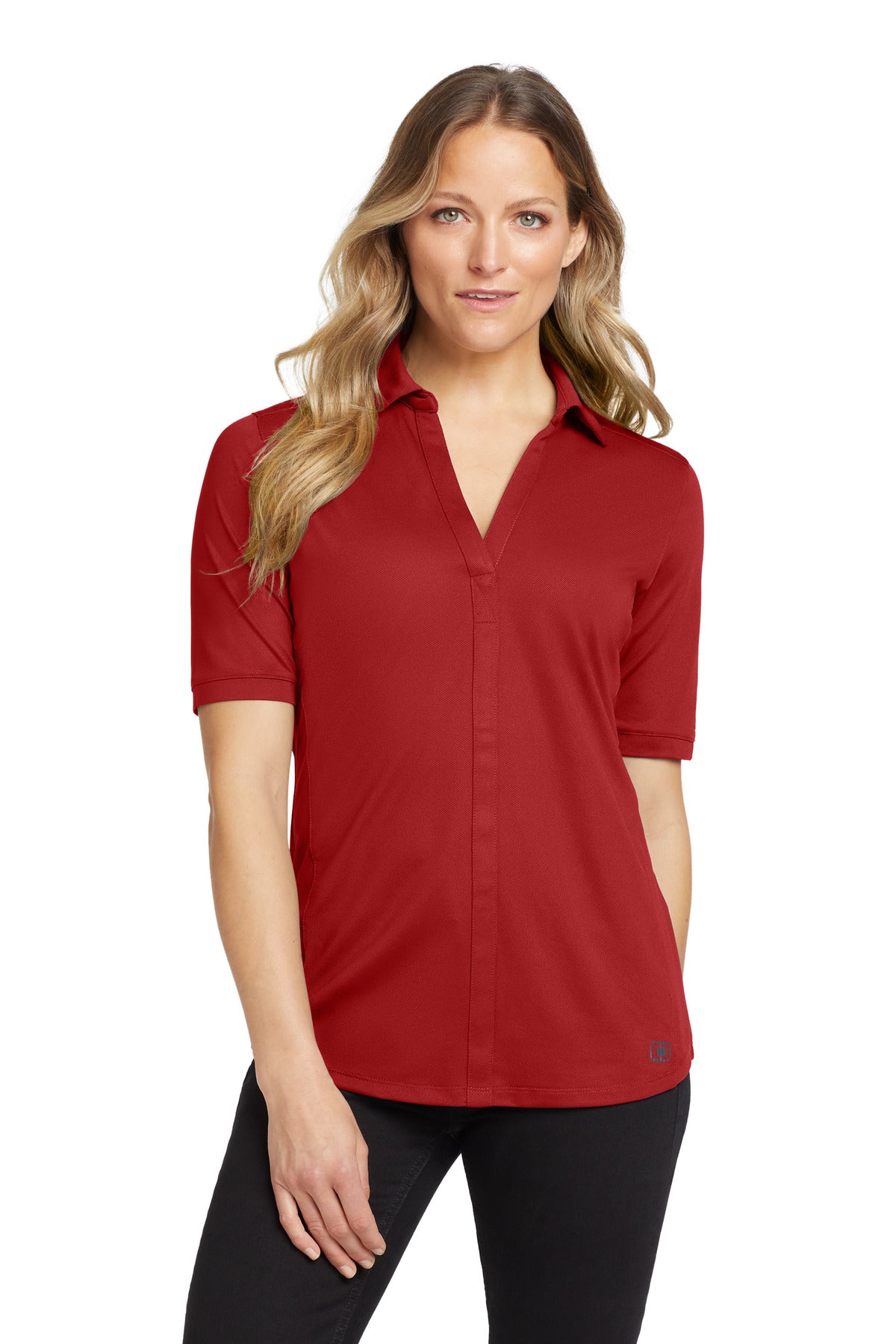 Front View of Ripped Red OGIO Women's Metro Polo. LOG130